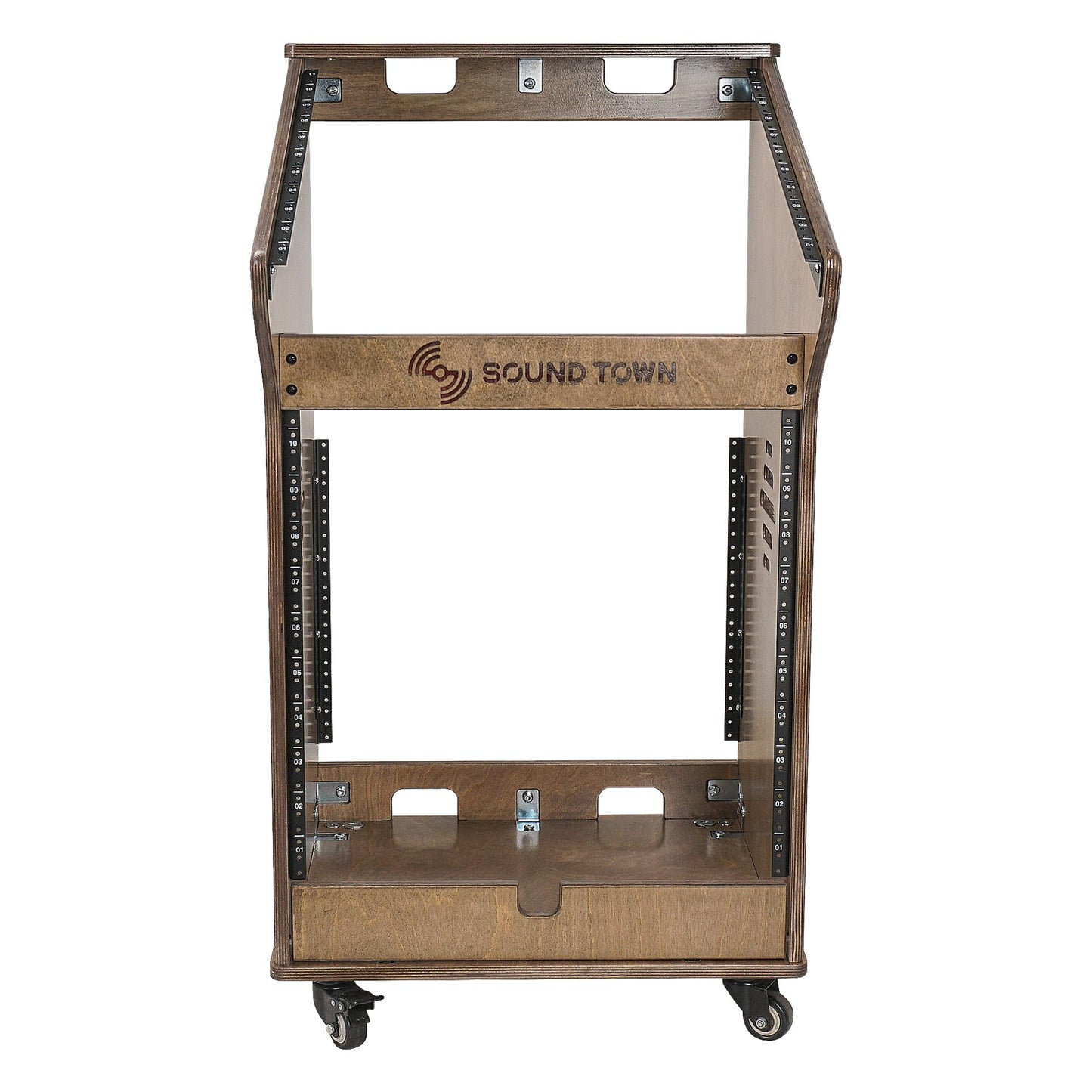 Sound Town DIY Studio Rack with 11U Slant Mixer Top, 10U Front Rack, 2U Bottom Storage, Casters, Rubber Feet, Baltic Plywood, Weathered Brown (SDRK-M11X12B)