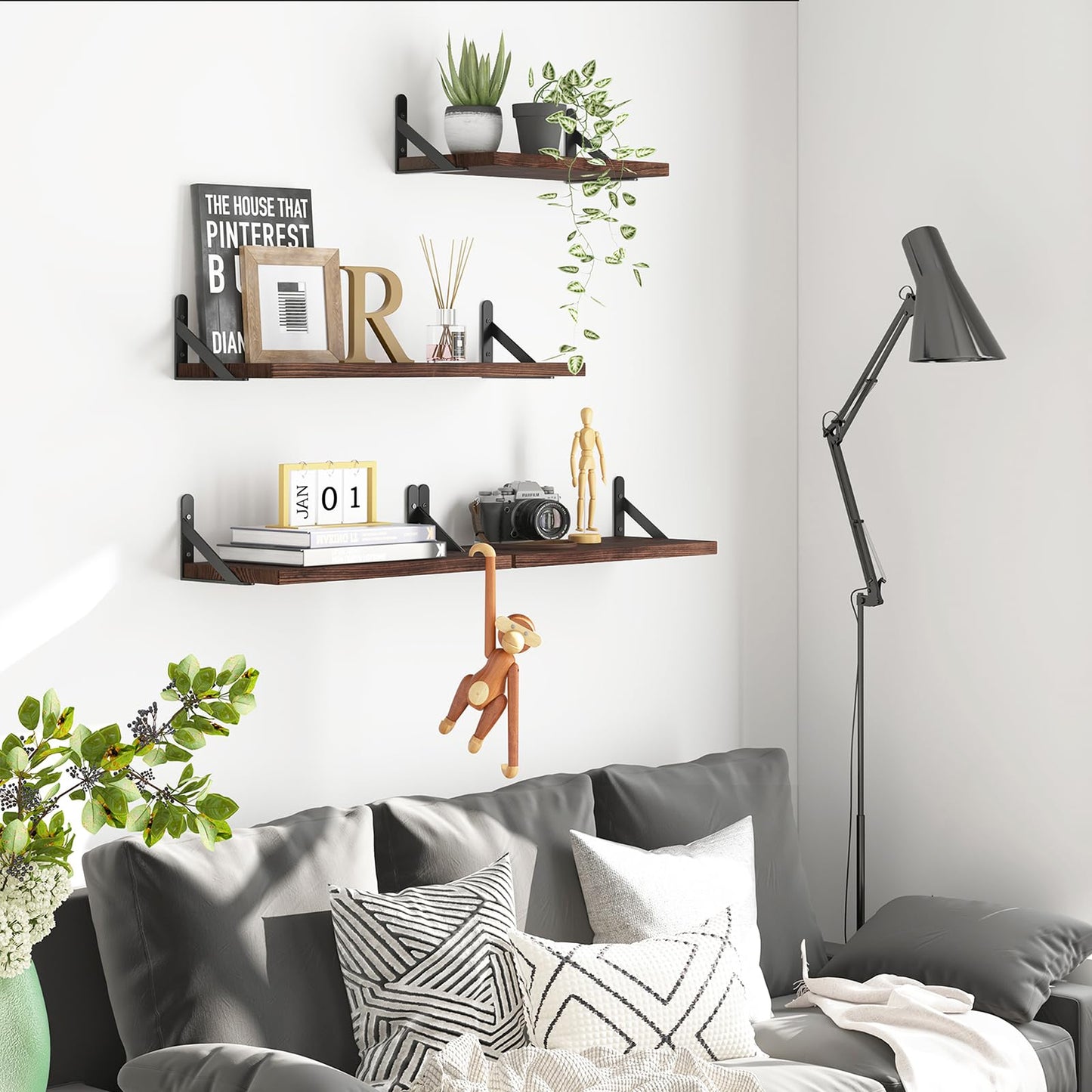 YGEOMER Floating Shelves for Wall, Different Sizes Dark Carbonized Pine Wall Shelves for Living Room, Bathroom, Bedroom, Kitchen, Home Decor (Set of 4)
