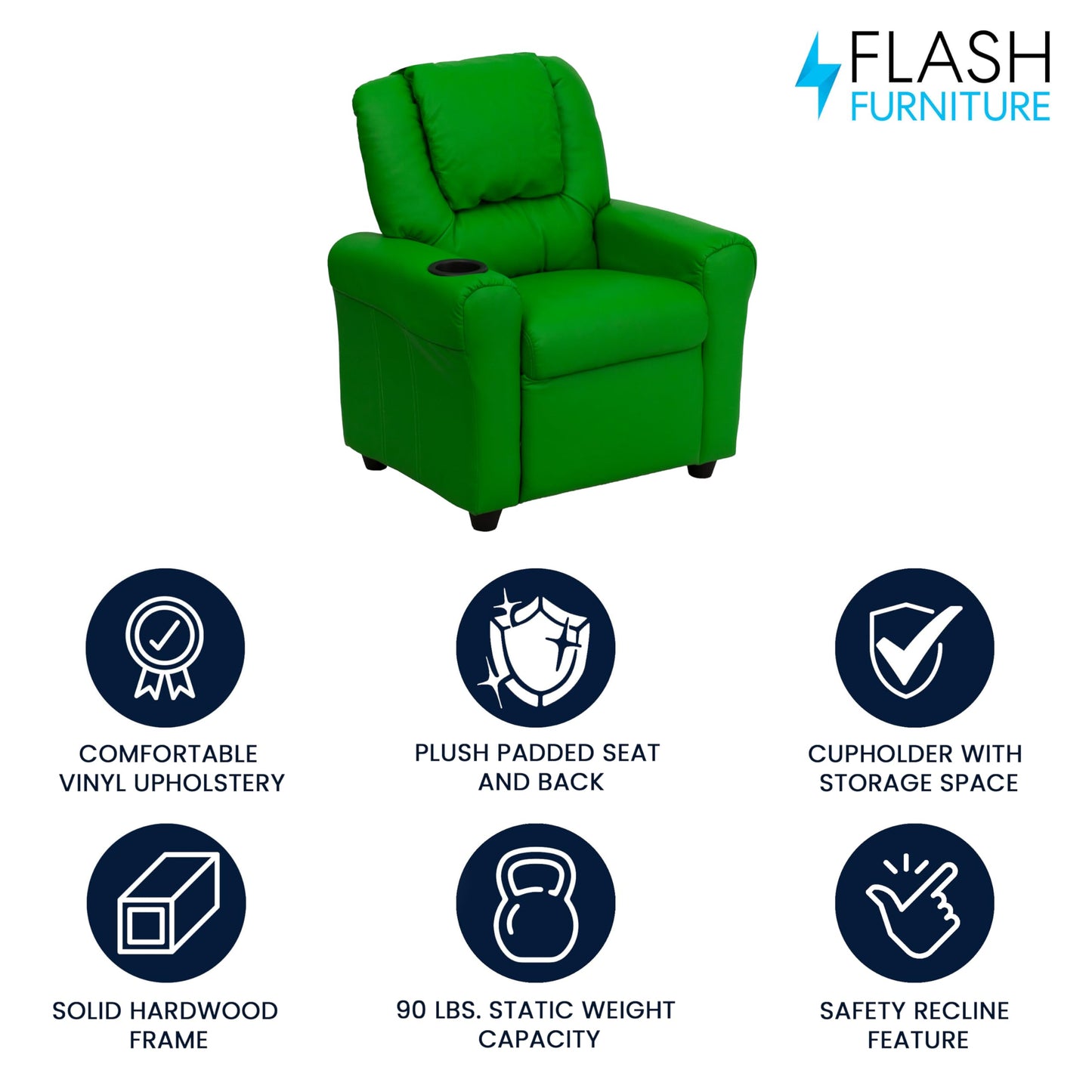 Flash Furniture Vana Vinyl Kids Recliner with Cup Holder, Headrest, and Safety Recline, Contemporary Reclining Chair for Kids, Supports up to 90 lbs., Green
