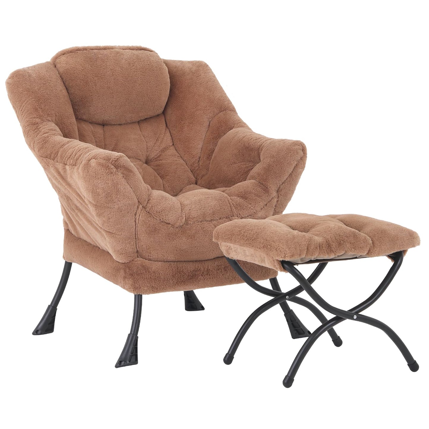 SESHINELL Lazy Chair with Ottoman, Modern Accent Chair Lounge Leisure Sofa Chair with Armrests, Reading Chair and Folding Footstool for Living Room, Bedroom, Office, Plush Brown