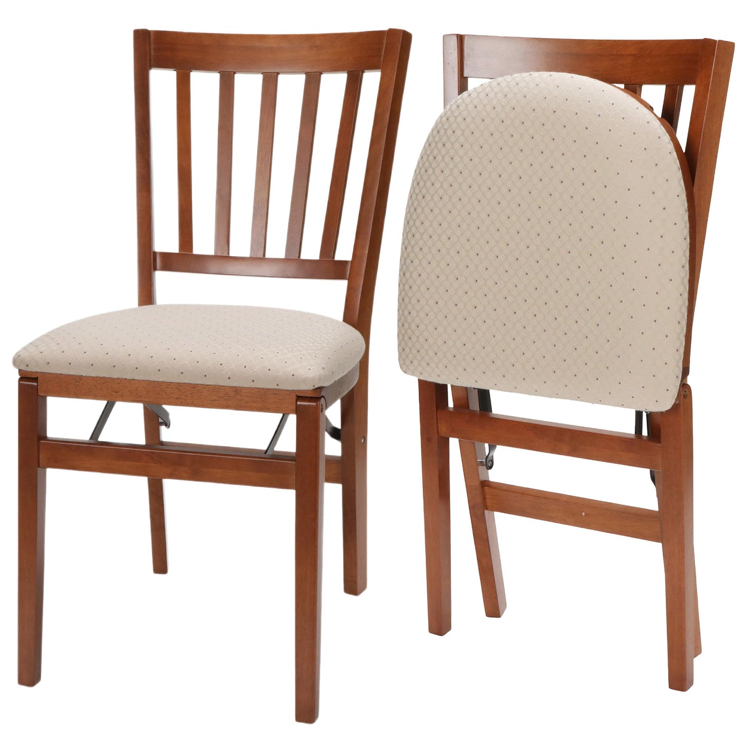 MECO Stakmore Premium Solid Wood Dining Table Compact Folding Chair Set with Blush Fabric Padded Upholstered Seat, Fruitwood (Set of 2)