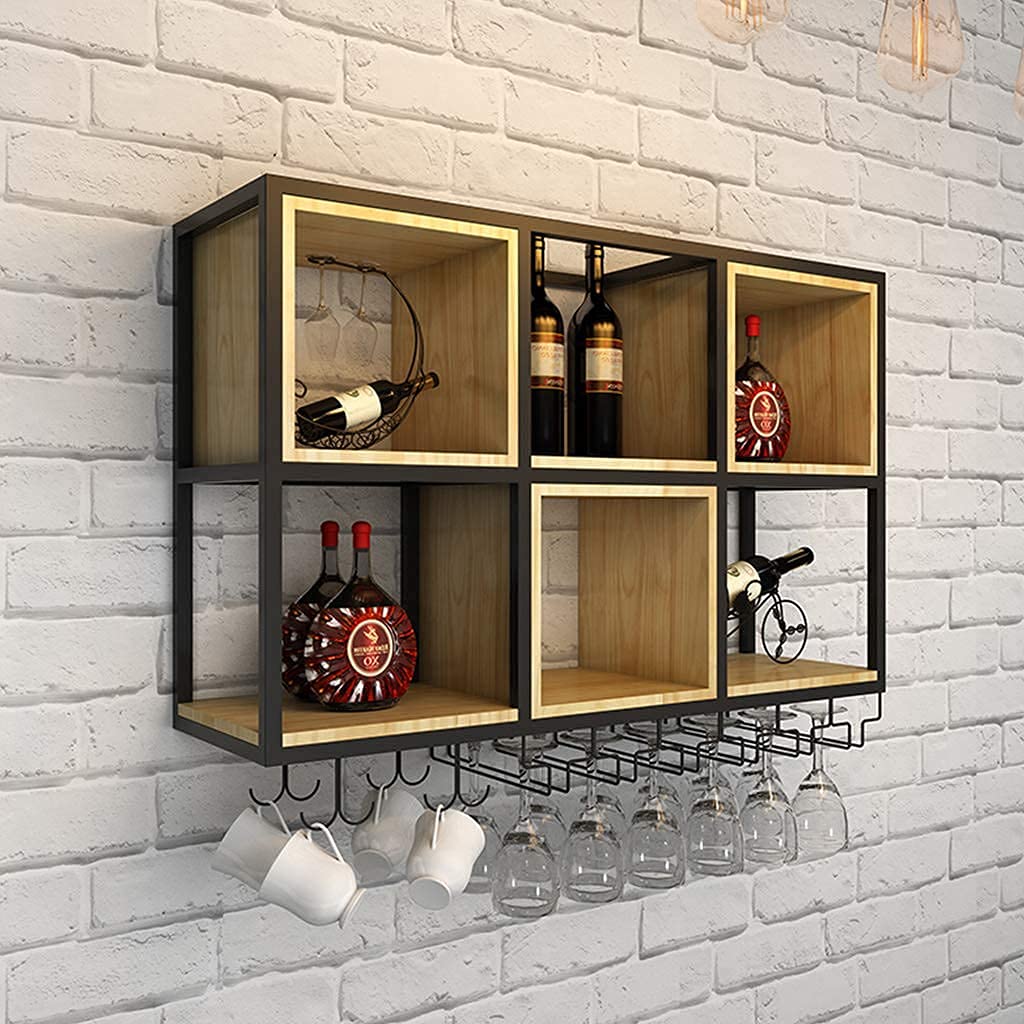 SBTXHJWCGLD Wall Mounted Wine Rack and Glass Holder, Iron Solid Wood Wine Storage Display Shelf, for Homes, Bars, Cafes, Hotels, Offices, and Various High-End Clubs (35.4X11.8X25.6 Inch)