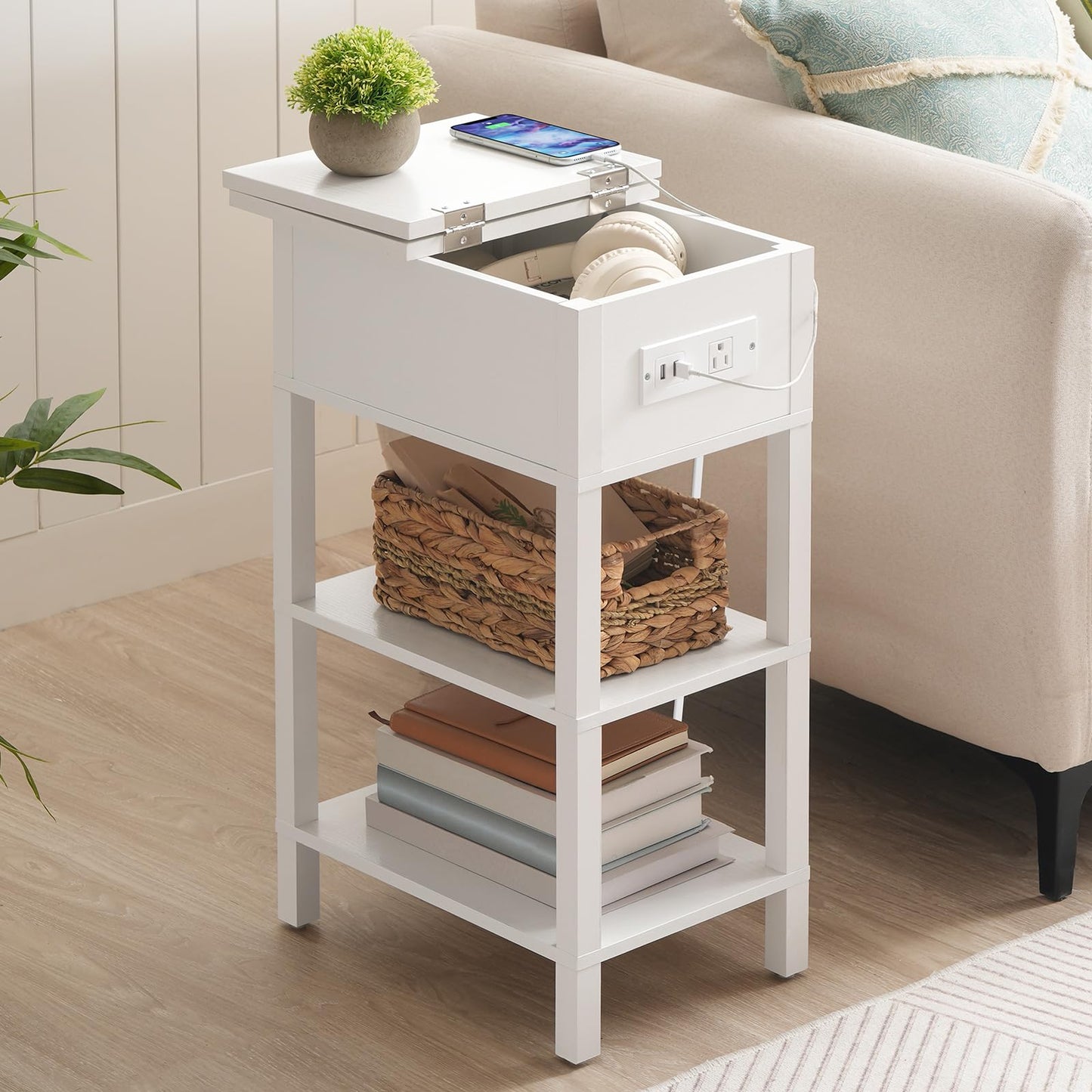 HOOBRO End Table with Charging Station, Flip Top Side Table with USB Ports, Narrow Nightstand Bedside Tables with Storage Shelves, for Small Space, Living Room, White WT141UBZ01