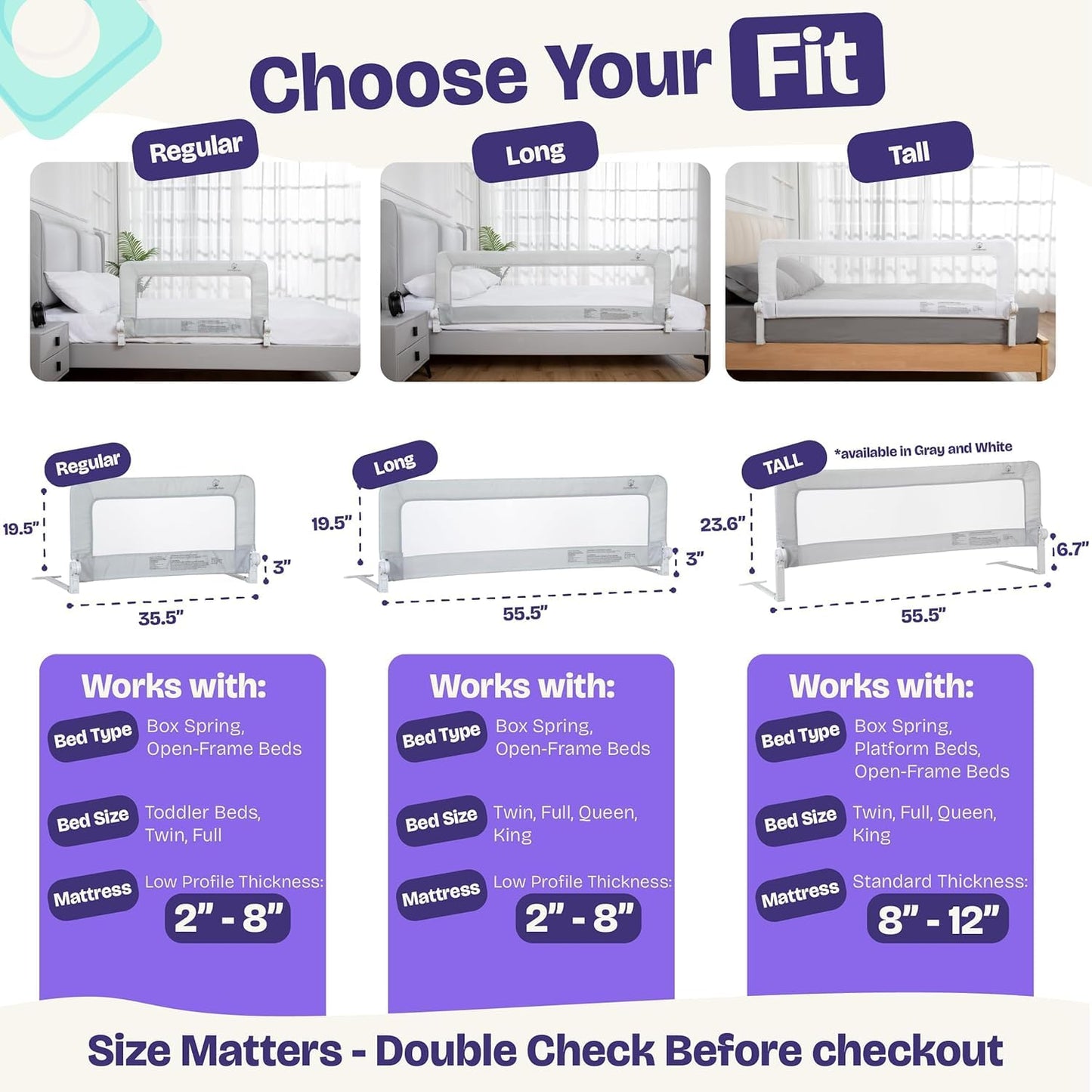 ComfyBumpy 2-Pack Bed Rail for Toddlers 35.5" L x 19.5" H | Toddler Bed Rails for Twin, Full & Toddler Mattress Size | Swing Down Rail Guard | Mattress Side Rail for Kids | White