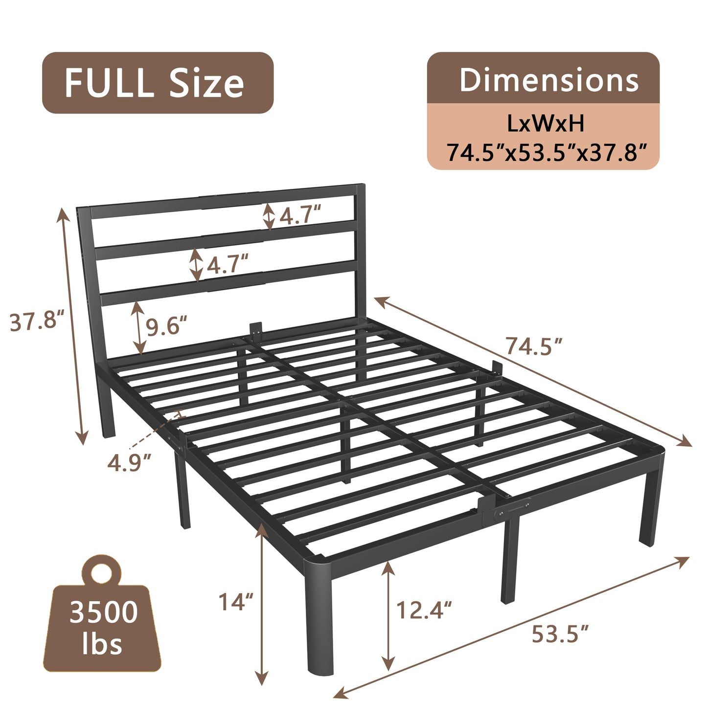 ZKQ 14 Inch Full Bed Frame with Headboard, Black Metal Full Size Bed Frame, No Box Spring Need, Anti-Slip Gaskets, Noise-Free, Heavy Duty Steel Platform Support, Easy Assembly