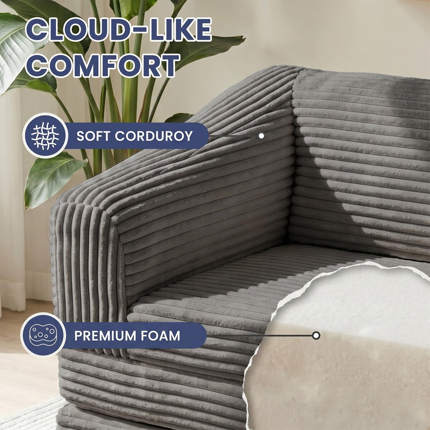 AOLVDOW Convertible Folding Sofa Bed, 2-in-1 Single Boneless Sofa with Soft Corduroy & Ultra-Thick Backrest, Foldable Boneless Chair Lounger Sleeper Sofa for Small Apartment, Living Room, Home Office