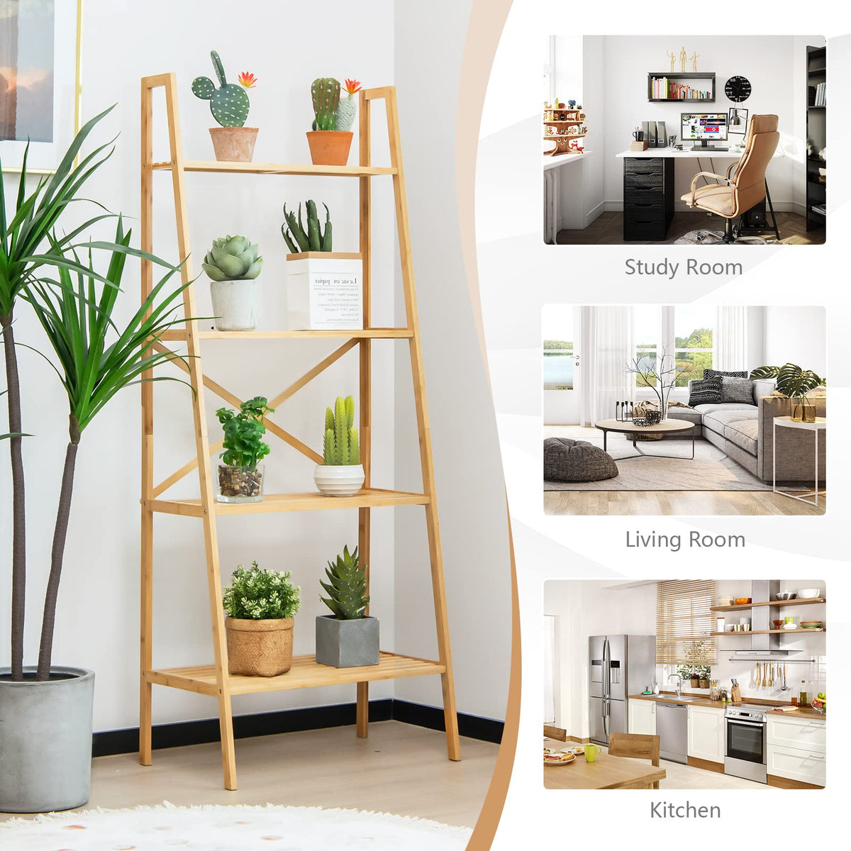Giantex 4-Tier Bamboo Bookshelf, Multifunctional Storage Display Rack Shelves with Anti-Tipping Device, Natural Bamboo Ladder Shelf for Home Office Kitchen Bathroom