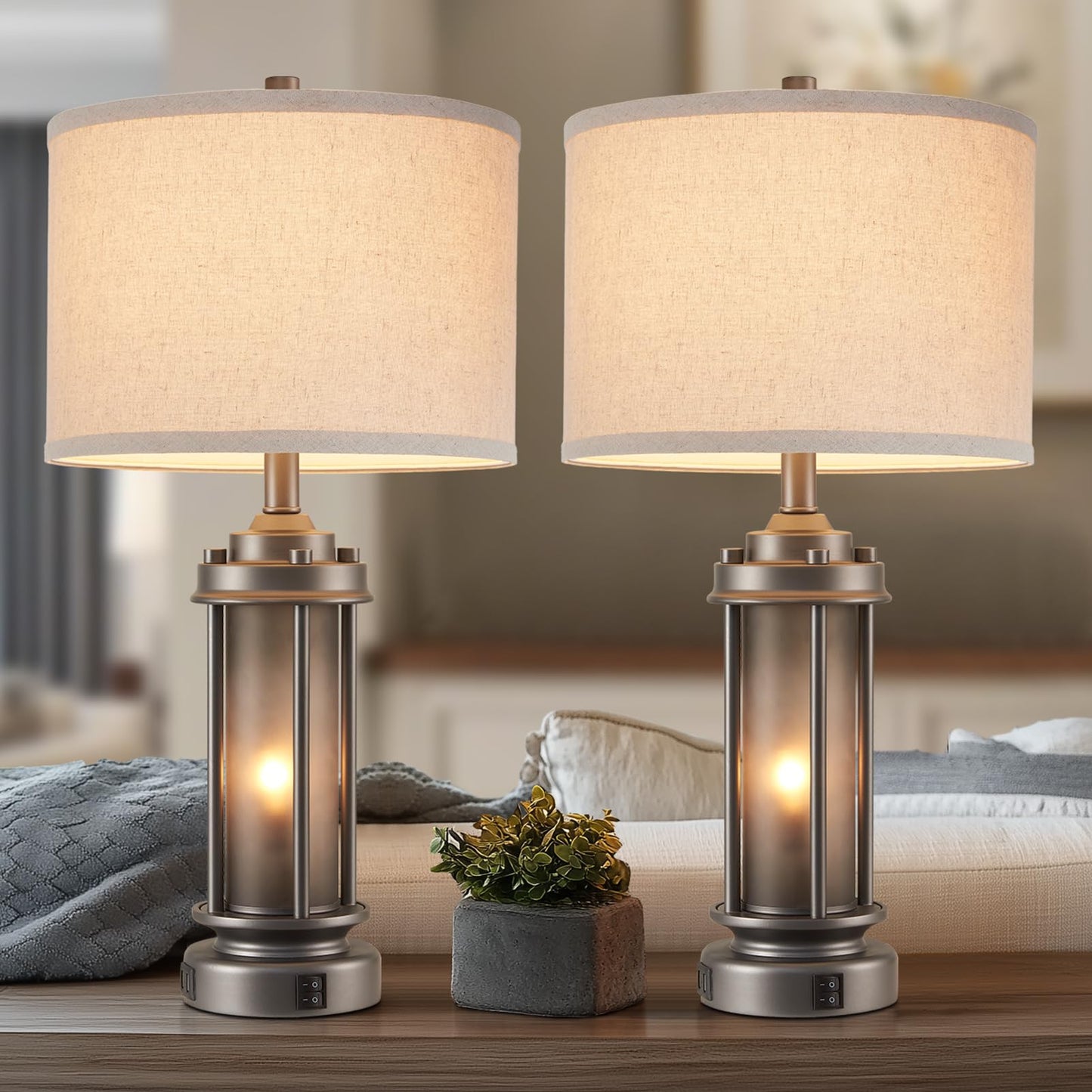 AIEAMPDO Set of 2 Farmhouse Bedroom Table Lamps with 2 USB C+A Ports