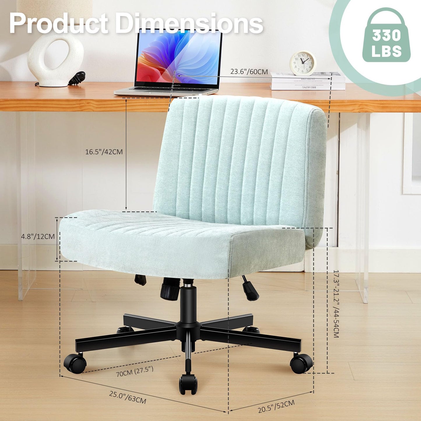 TUKAKA Criss Cross Chair with Wheels,Thick Padded Fabric Cross Legged Office Desk Chair with Pocket Springs Cushion,Dual-Purpose Base,Wide Adjustable Computer Home Office Vanity Chair,Mint Green