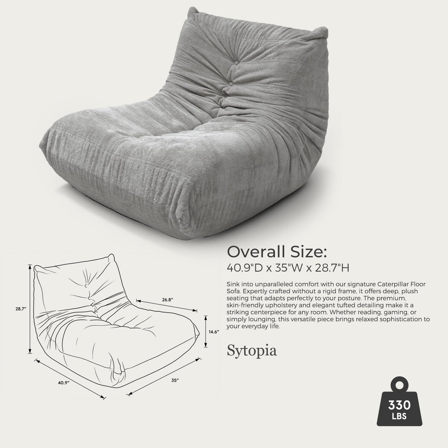 Sytopia Premium Chenille Bean Bag Chair for Adults, Oversized 35D Memory Foam Floor Sofa, Giant Deep Seat Gaming Reading Nook, No Assembly Required, Urban Grey