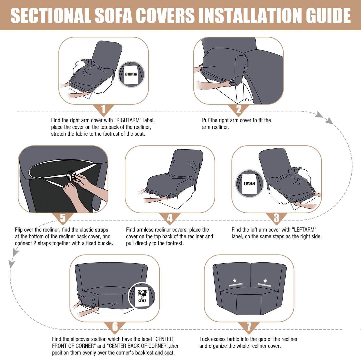 VANSOFY Extra Large Reclining Sectional Couch Covers, Washable 5-Piece Sofa Covers for L Shape Sectional Sofa Corner Seater, Thick, Soft Sofa Slipcovers (5 Seat Recliner Cover,Charcoal Gray)