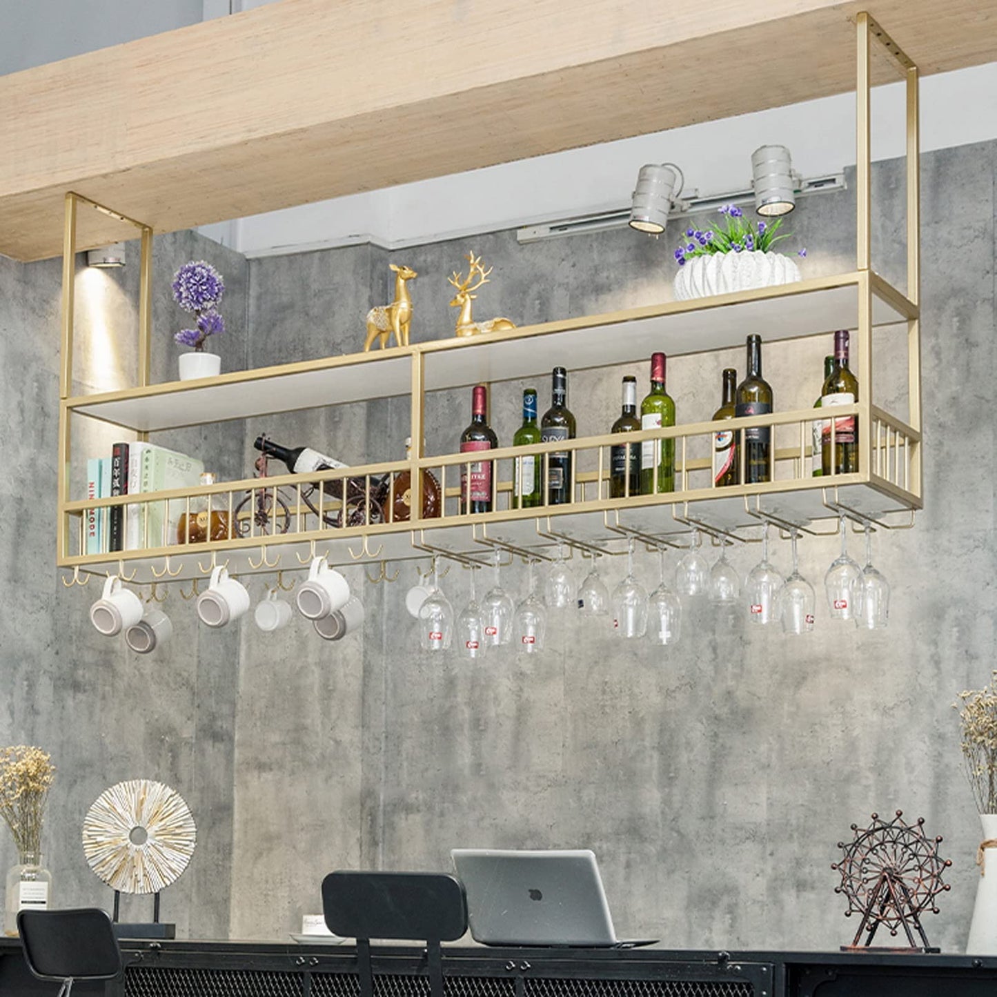 MISTRARA Ceiling Hanging Wine Rack with Glass Holder Shelf, Retro Style Hanging Wine Glass Rack,Wine Lovers Large Capacity Bar Furniture, for Bar, Cafe, Kitchen (Size : 100cm/39.4inch)