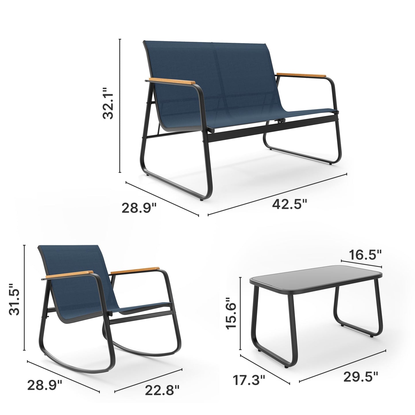 Ahomly 4-Piece Patio Furniture Set, Textilene Outdoor Conversation Set with 2 Rocking Chairs and Tempered Glass Coffee Table, for Lawn, Garden, Balcony, Poolside (Blue)