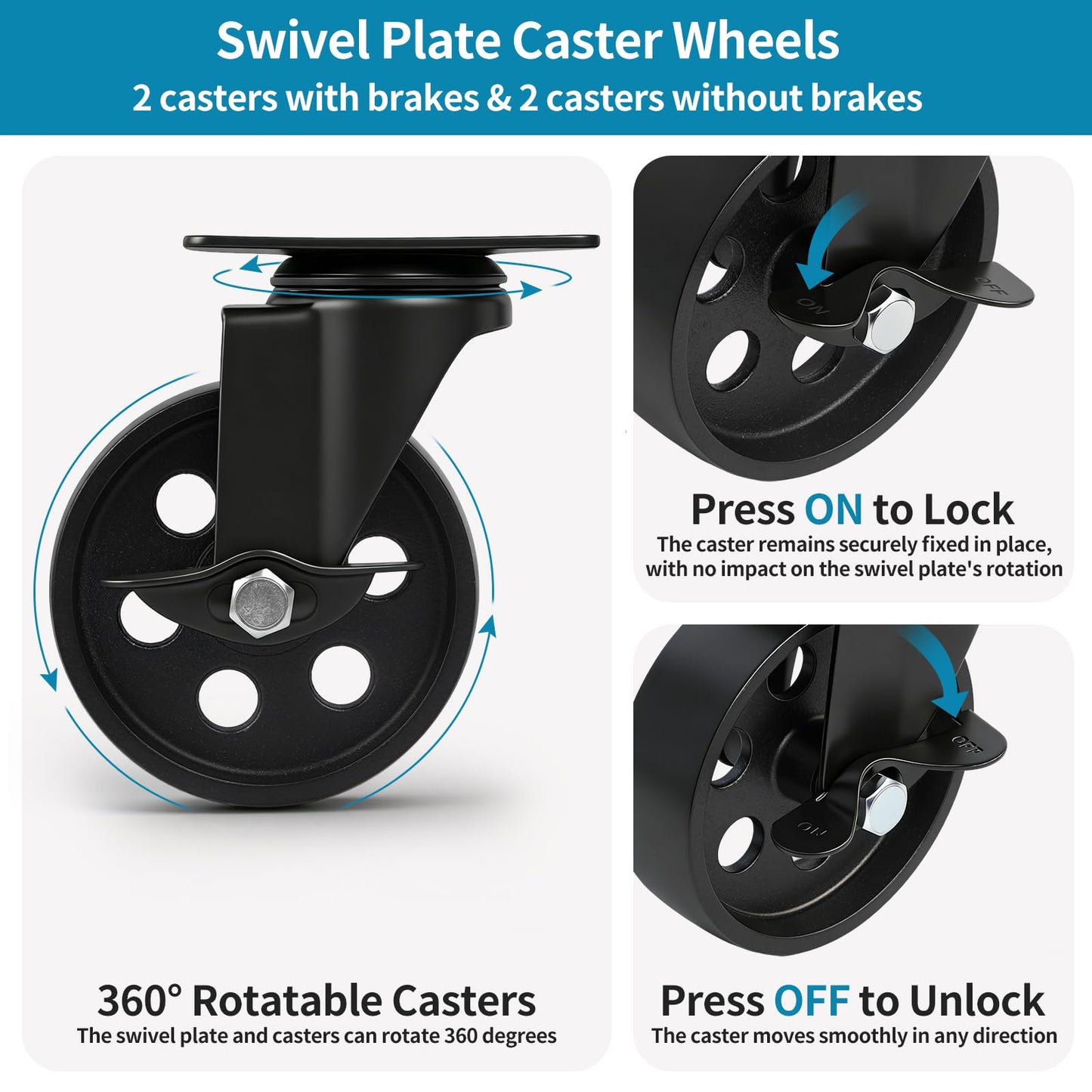 Skelang 4" Metal Swivel Plate Caster Wheels, Heavy-Duty Cast Iron Casters with Brakes for Wooden Furniture, Set of 4 (Combo)