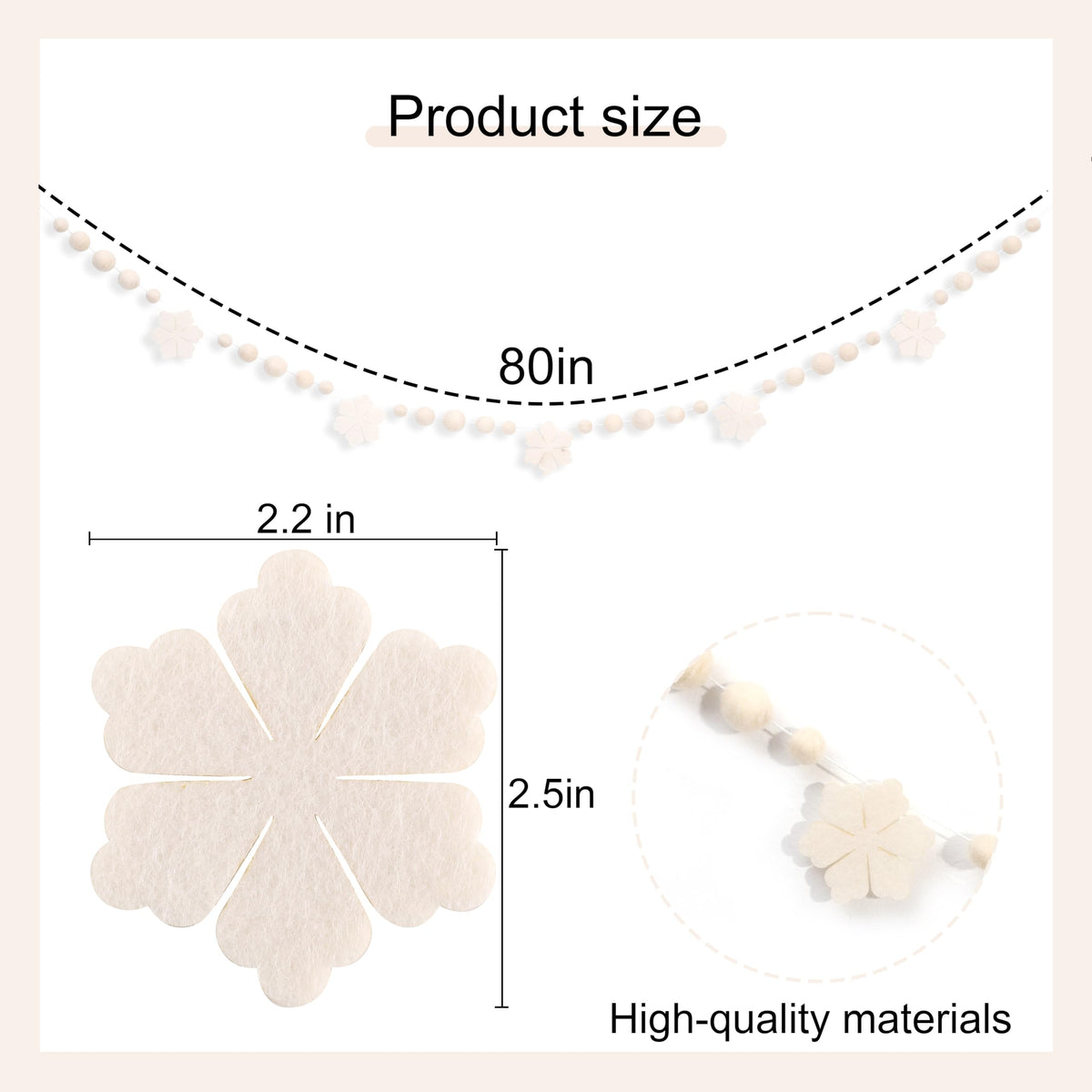 Felt Snowflake Garland – Cream White Winter Garland with Wool Balls, Neutral Christmas Mantle Decor, Scandinavian Snow Banner for Holiday Party, Nursery or Fireplace Decoration