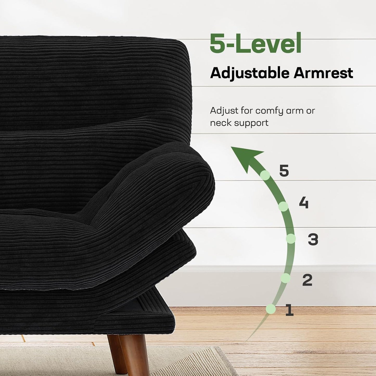 Marsail 66" Futon Sofa Bed, Convertible Corduroy Futon Couch with Adjustable Backrest & Armrests, Small Sleeper Sofa Loveseat for Living Room, Apartment, Black