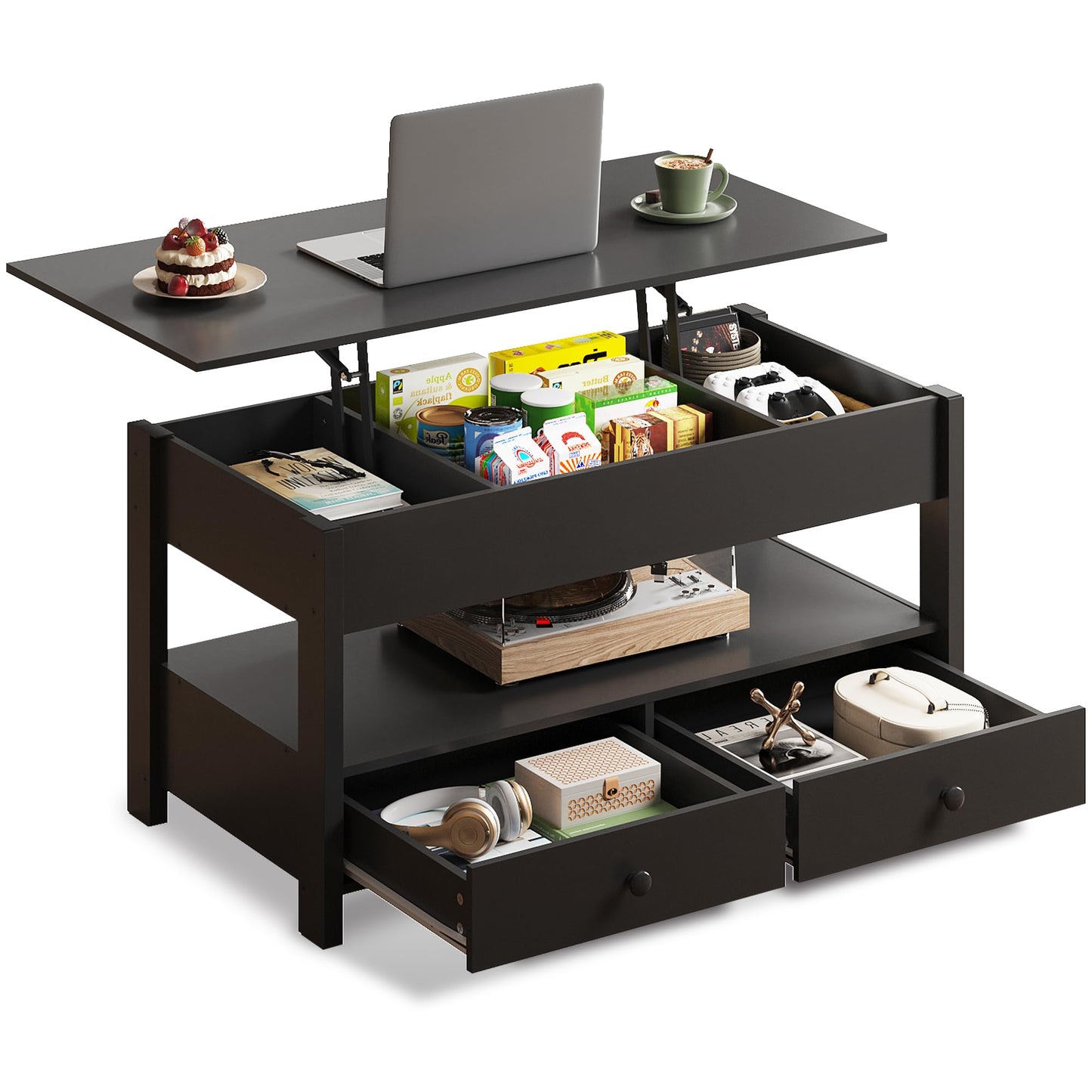 WLIVE Coffee Table, Lift Top Coffee Table with 2 Drawers, Large Hidden Compartment and Open Storage Shelf, Lift Tabletop, Dining Table for Living Room, Black
