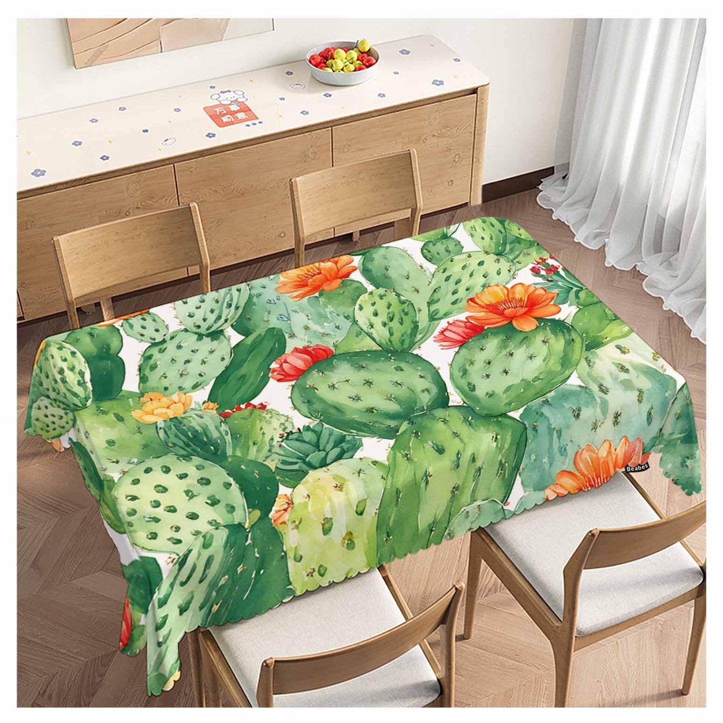Beabes Cactus Green Rectangular Tablecloth 70" x 52" for Indoor & Outdoor Use, Polyester, Wrinkle Resistant, Fits Tables Seating 4-6