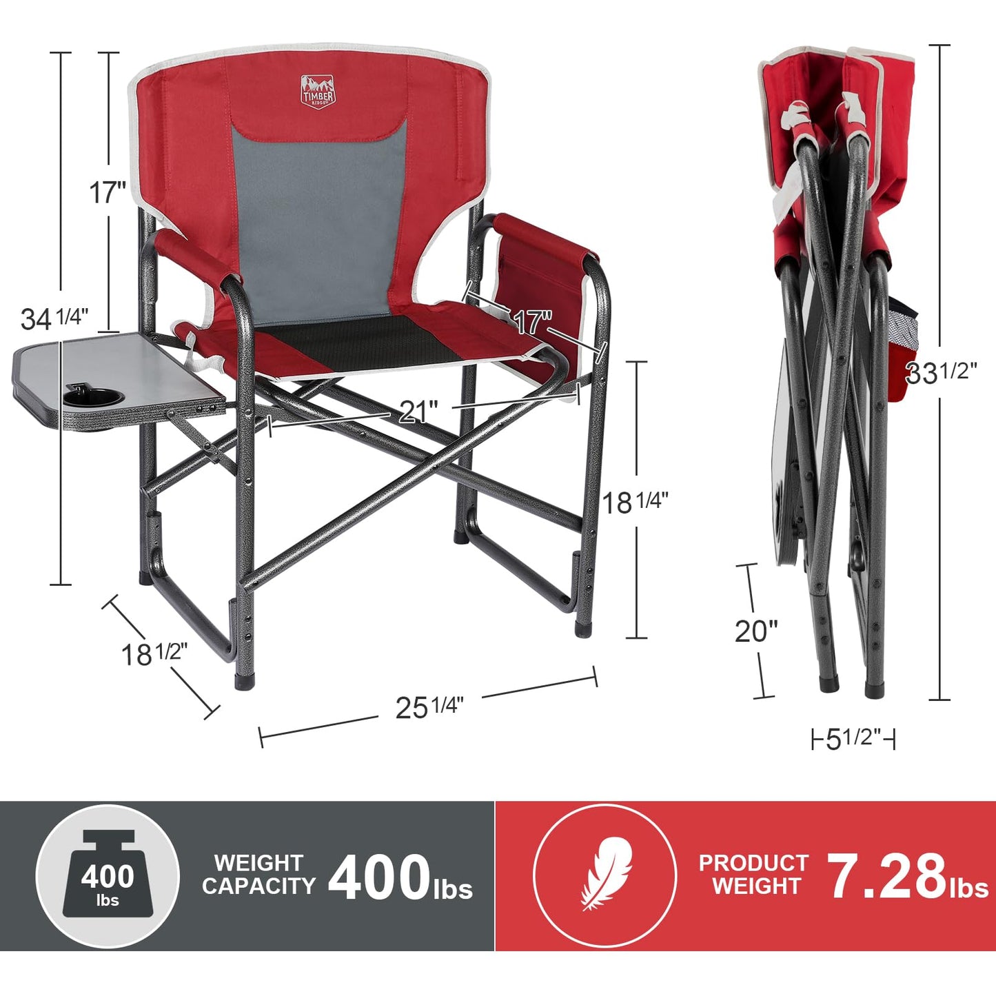 Timber Ridge Aluminum Oversized Camping Chair, Lightweight Portable Directors Chair with Side Table Detachable Side Pocket for Outdoor Camping, Lawn, Picnic, Support 400lbs Red