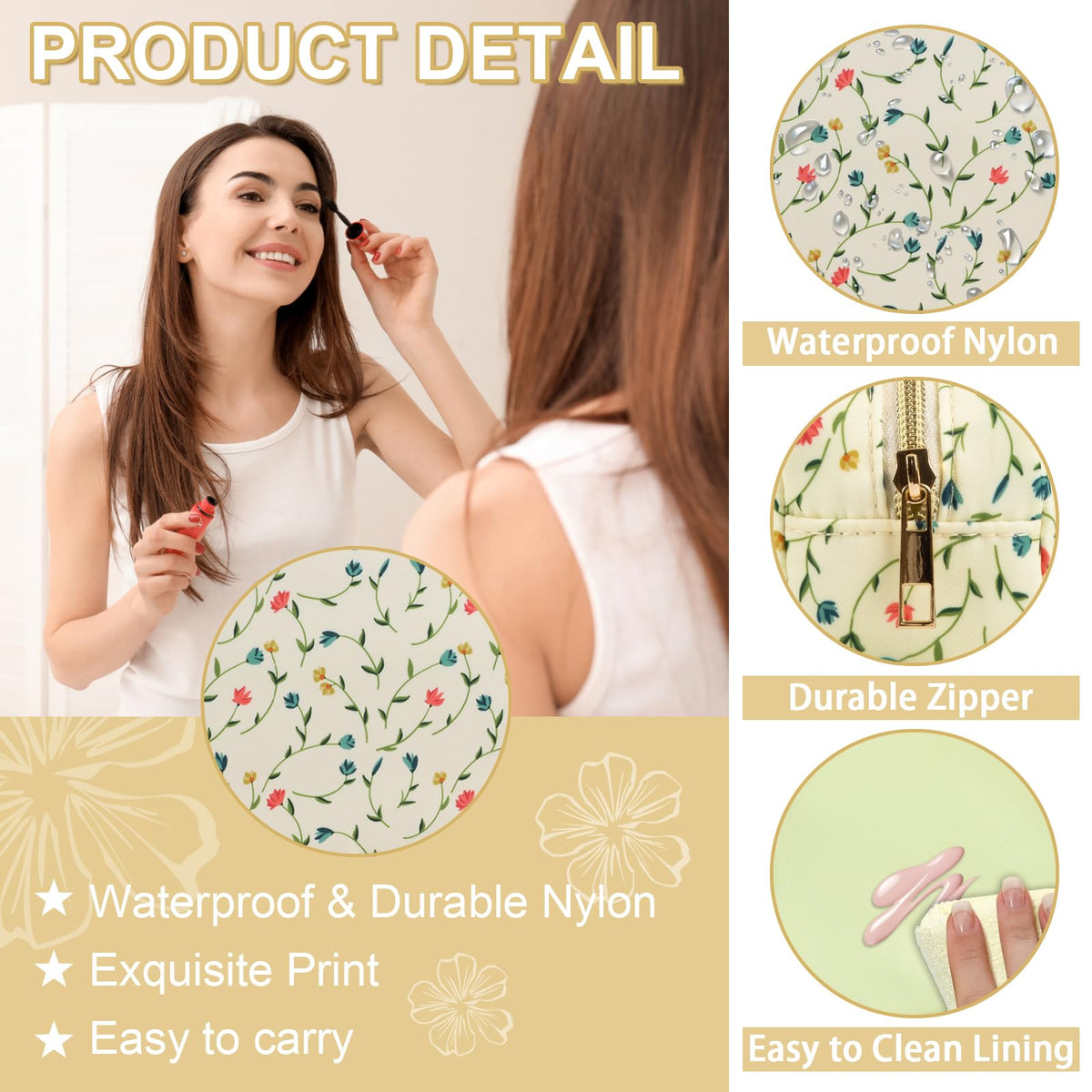 Waterproof Small Floral Pencil Case Makeup Bag for Purse,Cute Flower Pencil Pouch Preppy Nylon Makeup Brush Holder with Zipper,Girls Portable Storage Case Pen Bag for Work(Slim Light Yellow-Flowers)