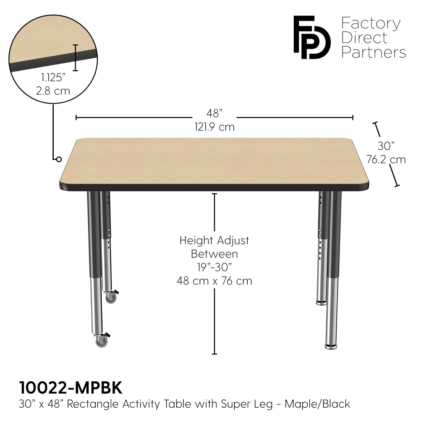 FDP Mobile Rectangle Activity School and Office Table (30 x 48 inch), Super Legs with Glides and Casters, Adjustable Height 19-30 inches - Maple Top and Black Edge