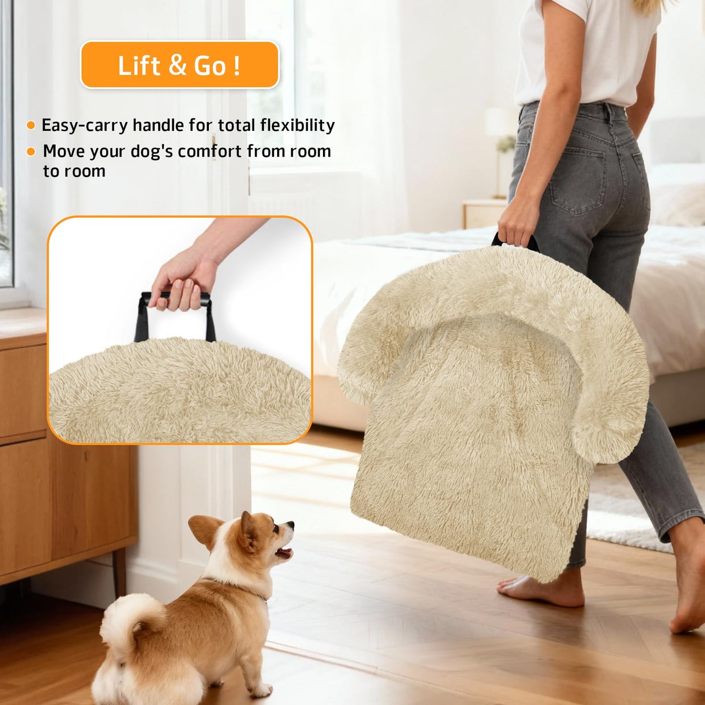 Calming Dog Bed Fluffy Plush Dog Mat for Furniture Protector with Removable Washable Cover for Large Medium Small Dogs and Cats (Large, Beige)