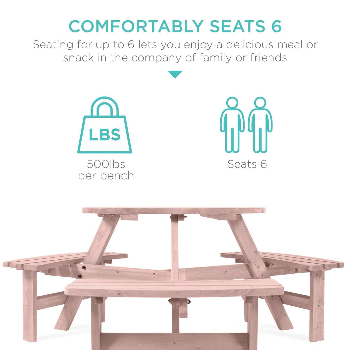 Best Choice Products 6-Person Circular Outdoor Wooden Picnic Table for Patio, Backyard, Garden, DIY w/ 3 Built-in Benches, 500lb Capacity - Rose Quartz