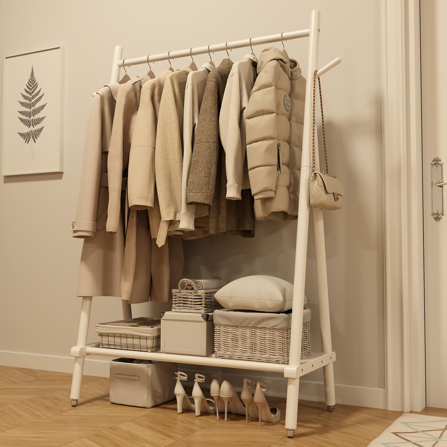 Muwuele Solid Wood Clothes Rack, Clothing Rack for Hanging Clothes, Hanging Racks for Clothes with Shelves Load 350 Lbs Garment Rack (White)