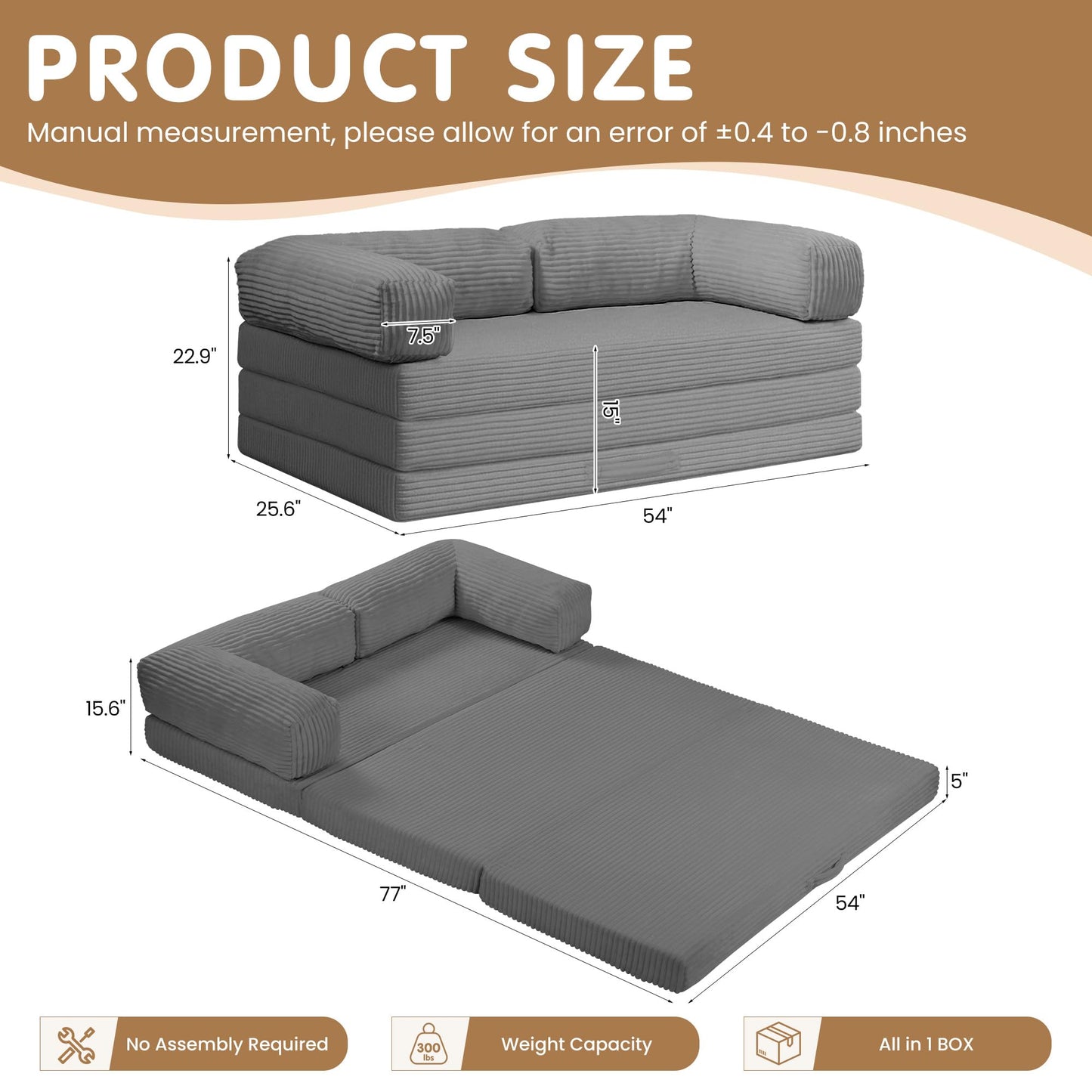 NLDD Convertible Sofa Bed Full,5-in-1 Folding Boneless Couch Corduroy Futon Sofa Bed,Tri-Fold Mattress with Removable Armrests & Handle,Sleeper with Pull Out Bed for Small Space Bedroom Grey