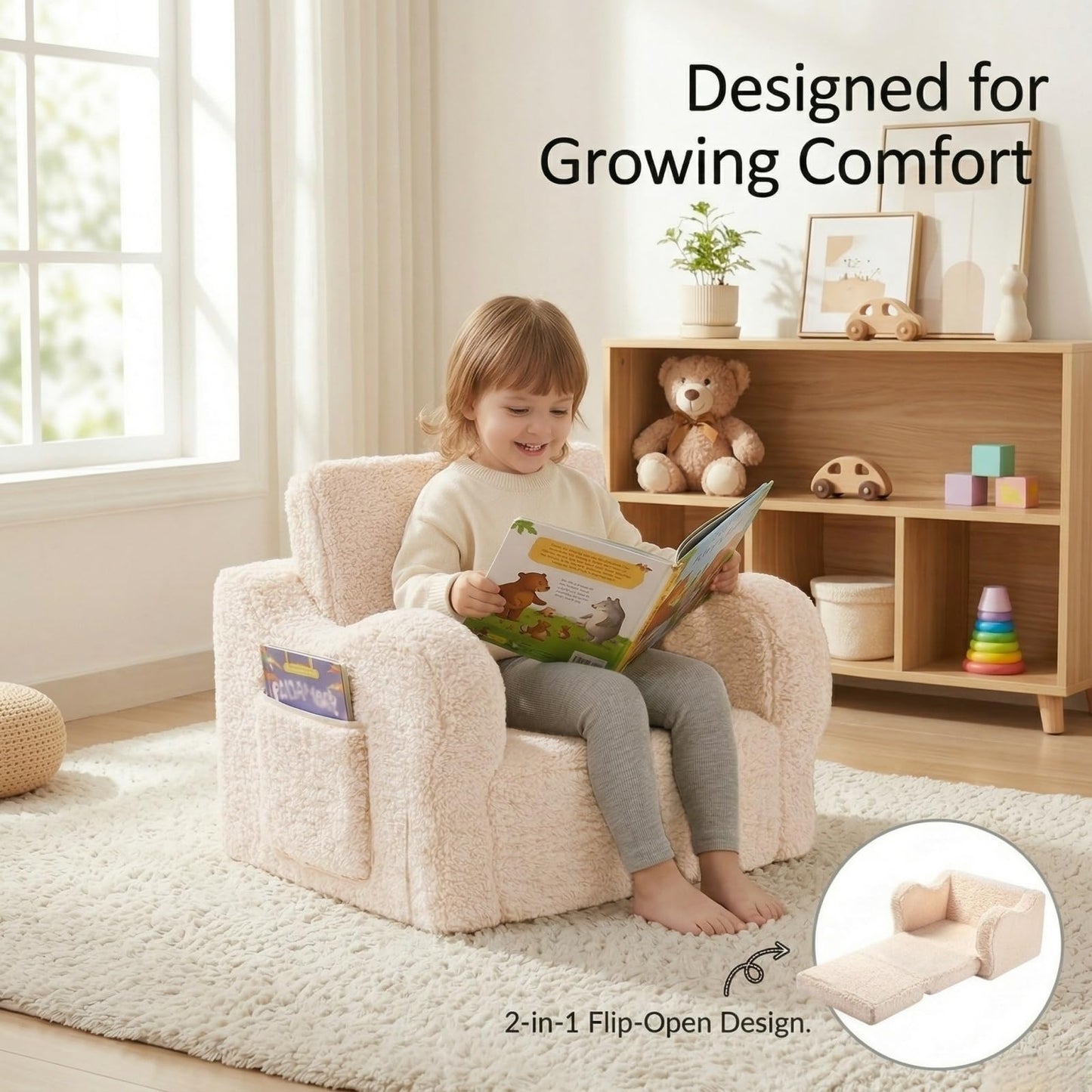 MOMCAYWEX Kids Sofa, 2-in-1 Flip-Out Foam Couch with Soft Sherpa Cover, Cozy Play Lounge Chair, Cream