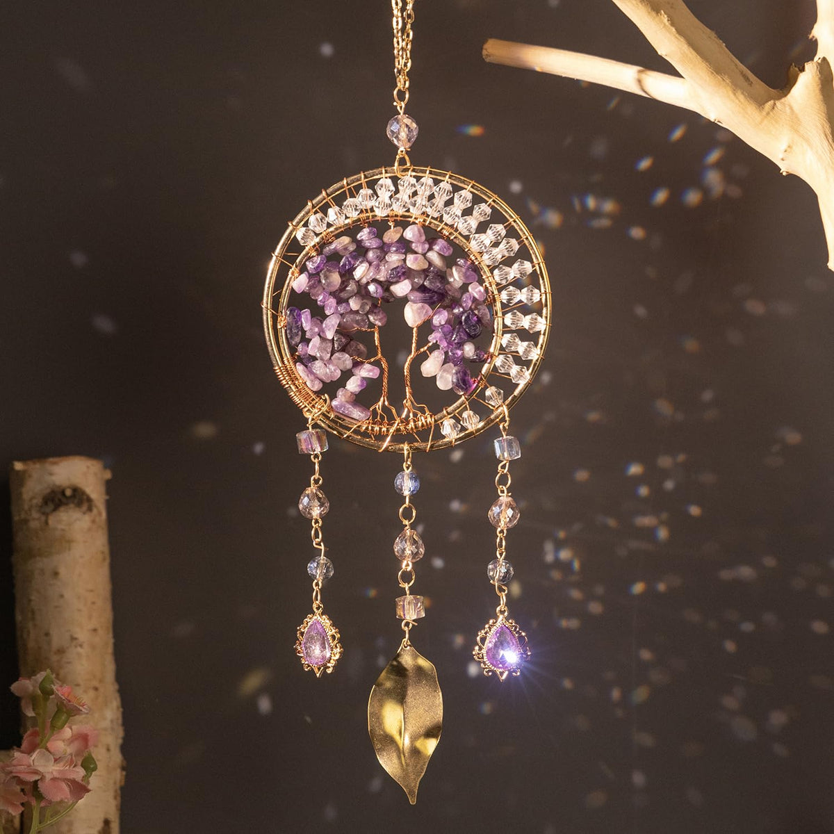 Crystal Suncatcher for Windows Hanging Decor Amethyst Crystal Tree of Life Sun Catcher Prism Rainbow Dream Catchers for Adult Garden Home Decor