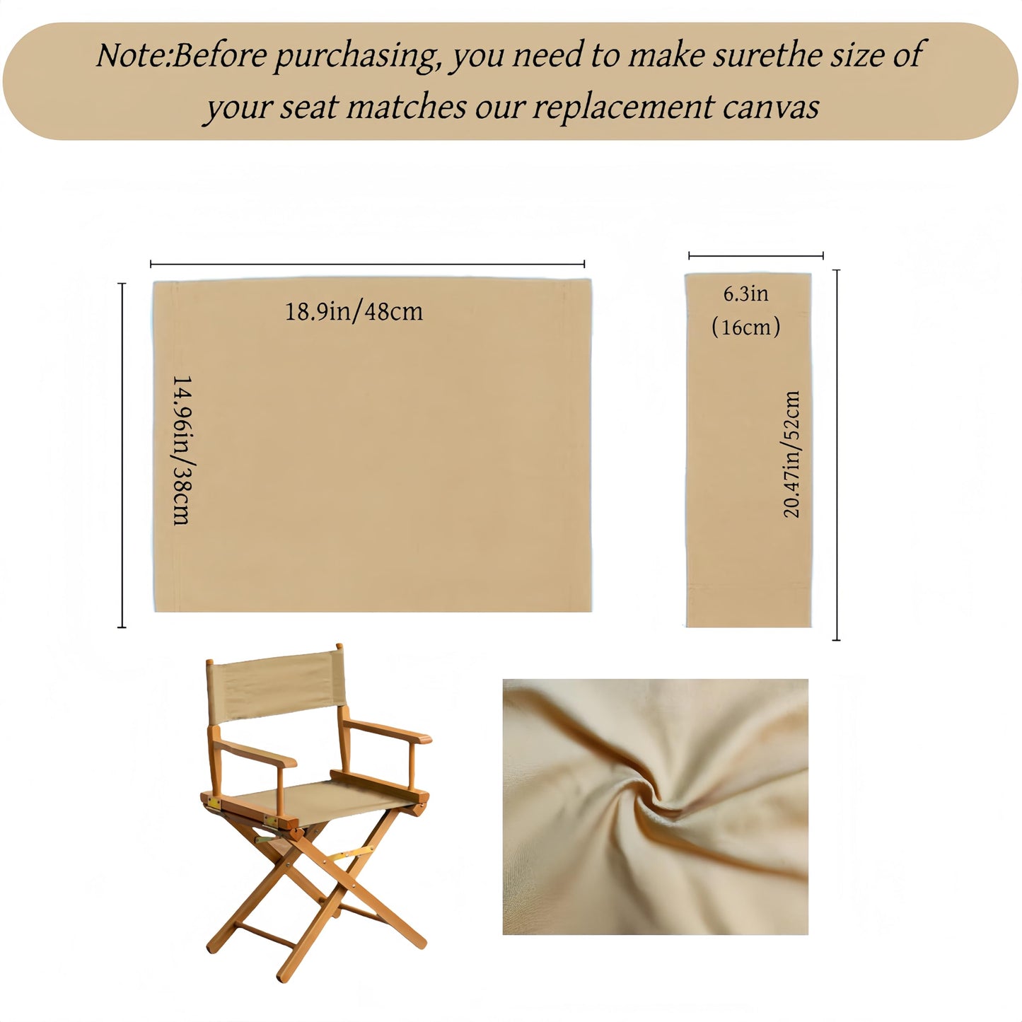 Wonafa 1 Set Director Chair Canvas Replacement with Wood Stick,18.9''L X 15''W Portable Replacement Cover Canvas for Directors Chair (Khaki)