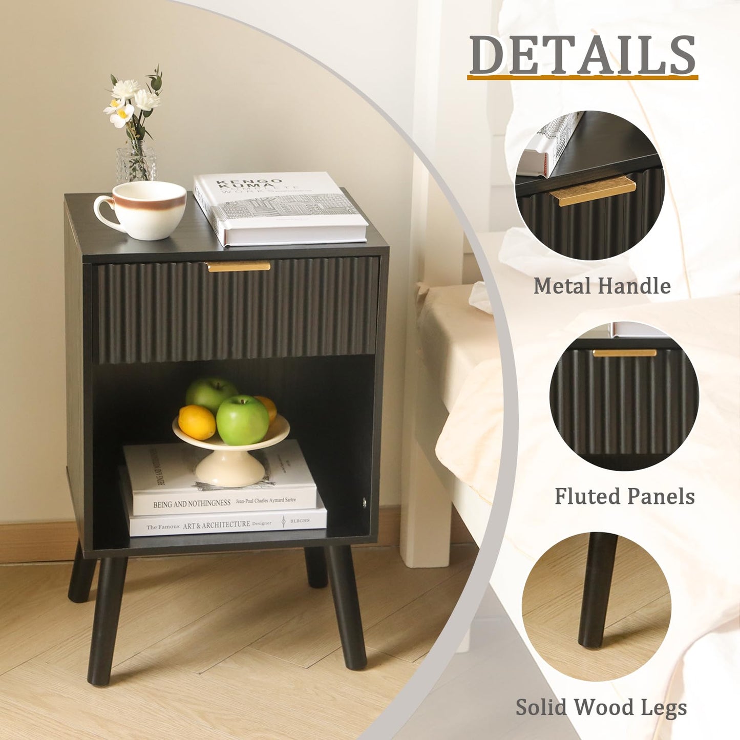 Fultyle Fluted Black Nightstand with Charging Station, Mid Century Modern Bedside Table with Drawers and Outlet, Side Tables Living Room, Wooden Night Stand for Bedroom, Office (Black)