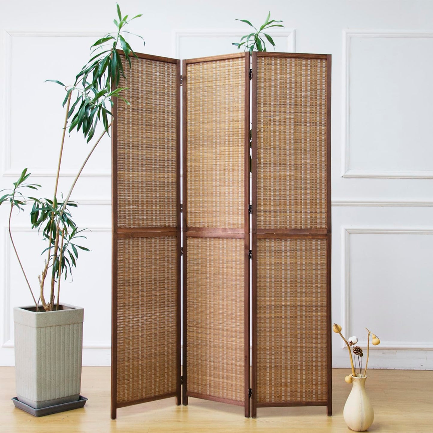 Furnnylane 3 Panel Detachable Room Divider, 5.6 ft Tall Two in One Bamboo Privacy Screen (Converts into 2 Low Dividers), Folding Panel Divider for Room Separation, Natural Brown (67" H x 46" W)