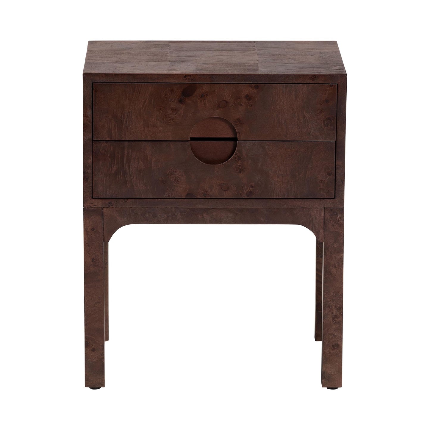 Bali & pari Kayla Real Burl Wood Nightstand in Dark Walnut Brown - Modern Bedside Table with Two Drawers and Cutout Handle Design