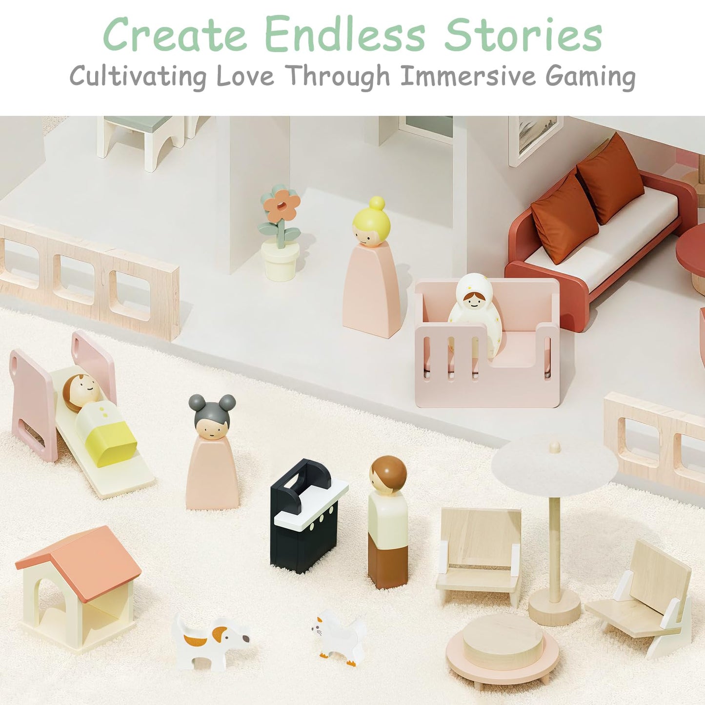 Fabuday Modern Wooden Dollhouse for Kids Girls - 8 Rooms Doll House Playset, DIY Pretend Toy Play Houses Kits with 81 Pcs Furniture Accessories, Dolls & Pets, Gift for Toddlers Ages 3+