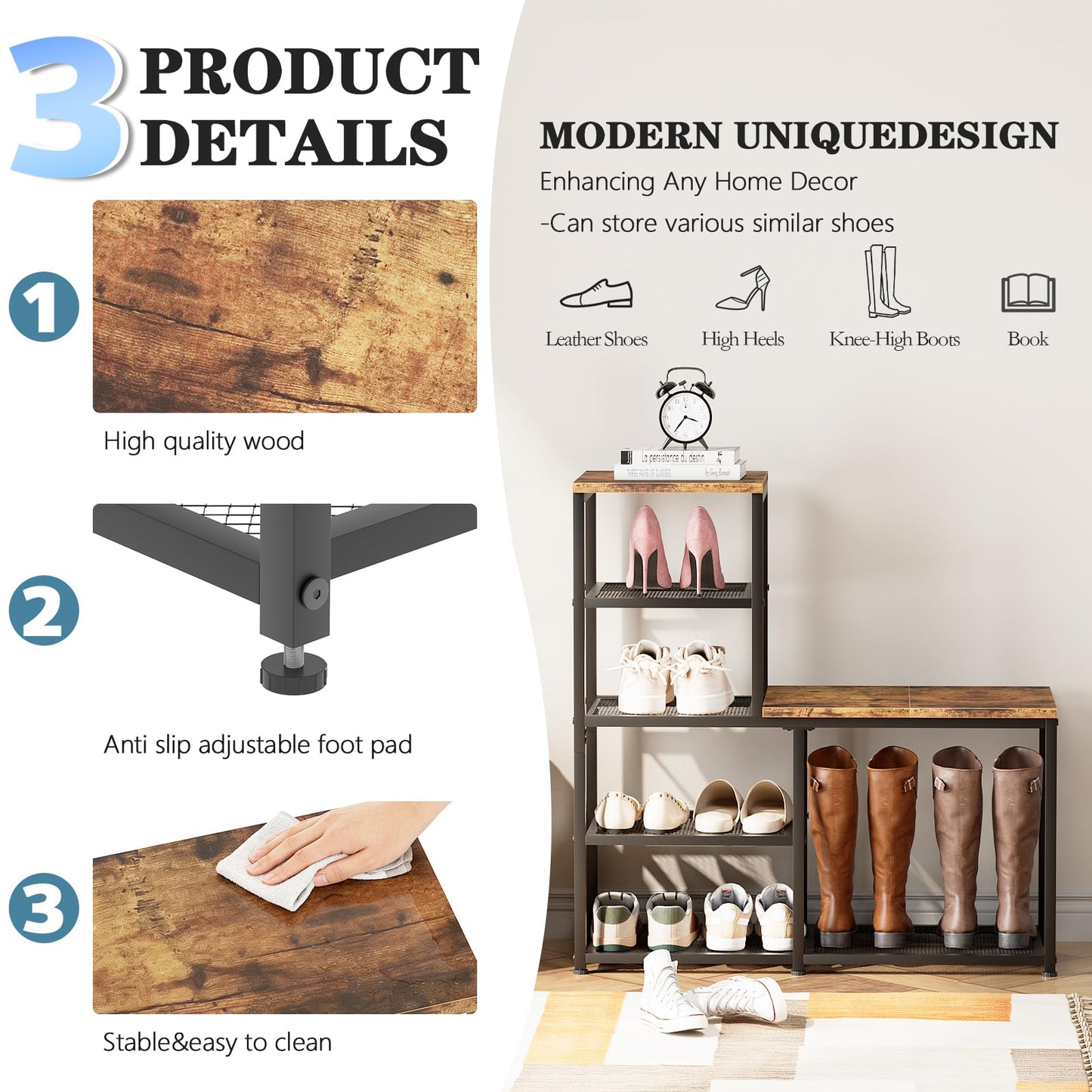 Katrawu Shoe Rack Bench for Entryway,Free Standing Shoe Storage Organizer for Front Door Entrance,4-Tier Boot Rack Holder Shelf for Closet with Seat,Sturdy Shoe Shelves for High Heels(Brown)