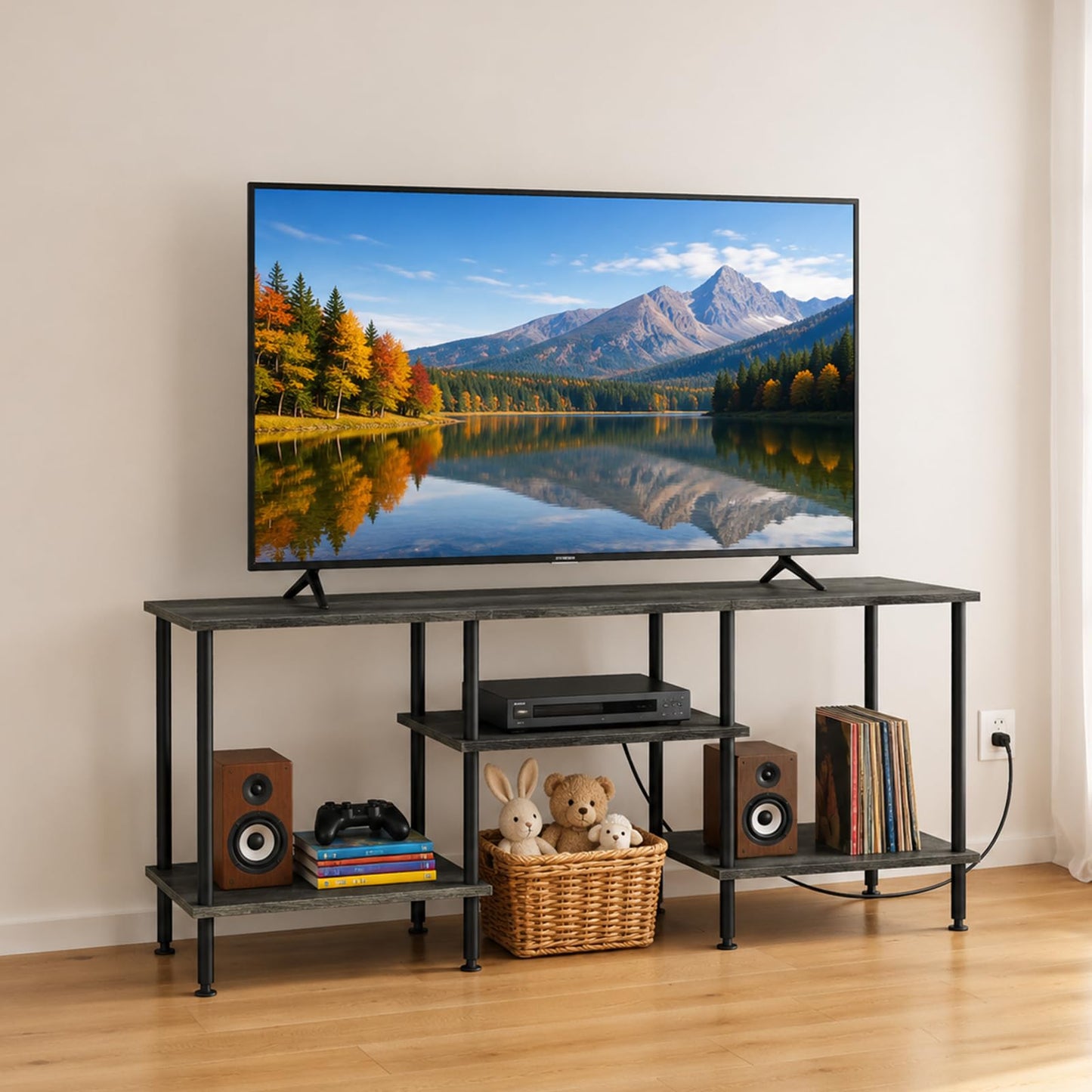 YAHKBTEN TV Stand for Bedroom up to 50 Inch Rustic TV Stands with Power Outlets Small Entertainment Center with Storage 3 Tier TV Media Console Table Cabinet for Living Room Bedroom Office, Dark Grey