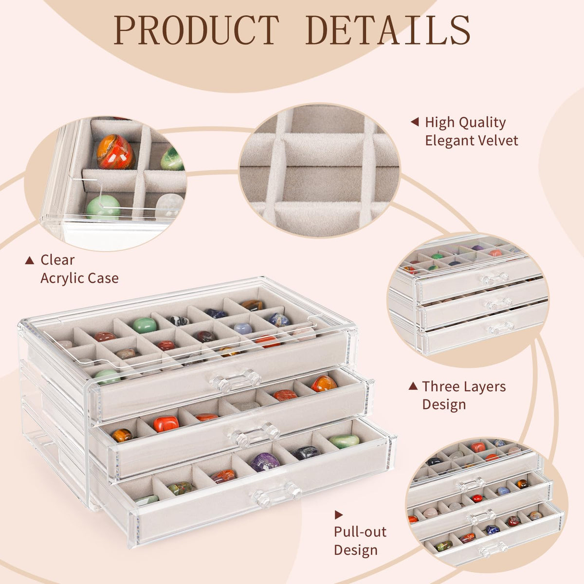 Bfttlity Acrylic Rock Display Case,54 Grids Rock Collection Box for Kids with Mini Magnifying Glass and Gloves, Clear Display Cases for Stones Collectibles Gemstone Crystals Storage Boxes
