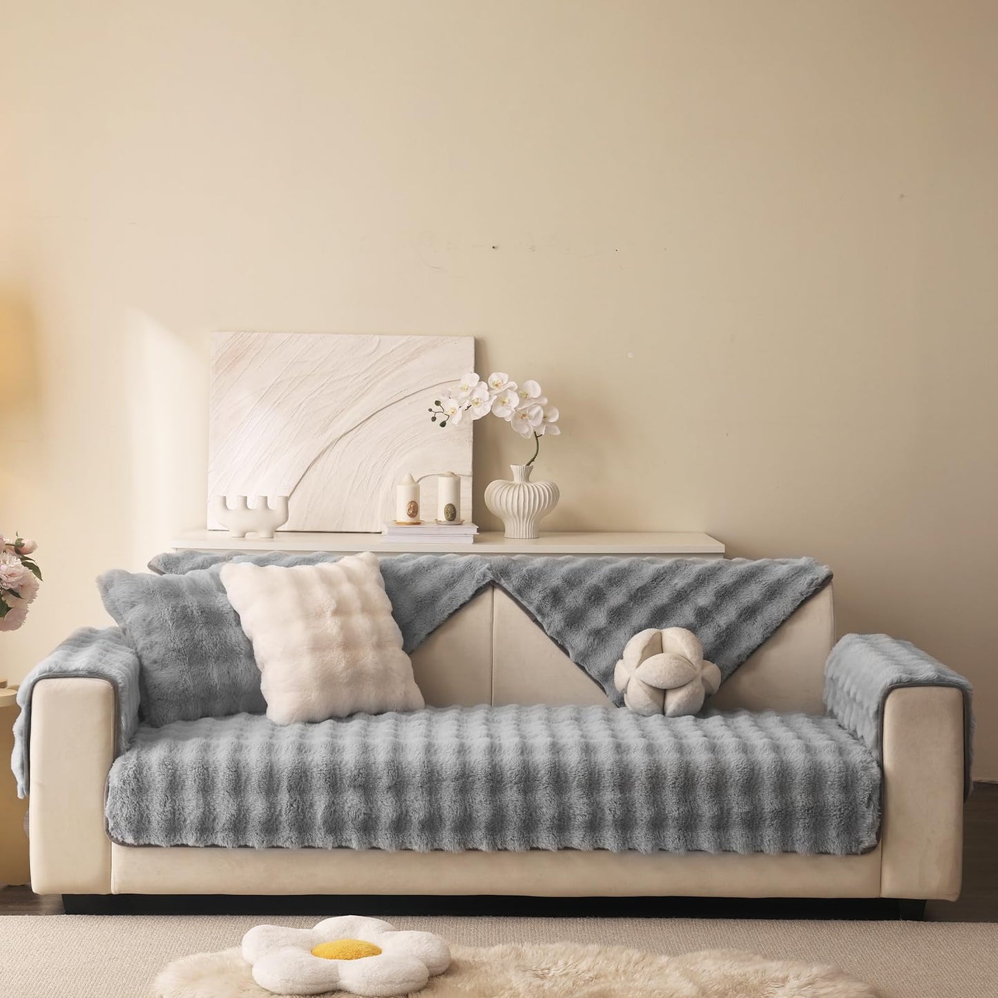 Aucrovee Soft Plush Faux Fur Couch Cover, Thick Warm Fuzzy Sectional Sofa Covers for 3 Cushion Couch Sofa Non Slip Slipcover, Furniture Protector Covers for Pets(1 PCS 36"x94" Light Grey)