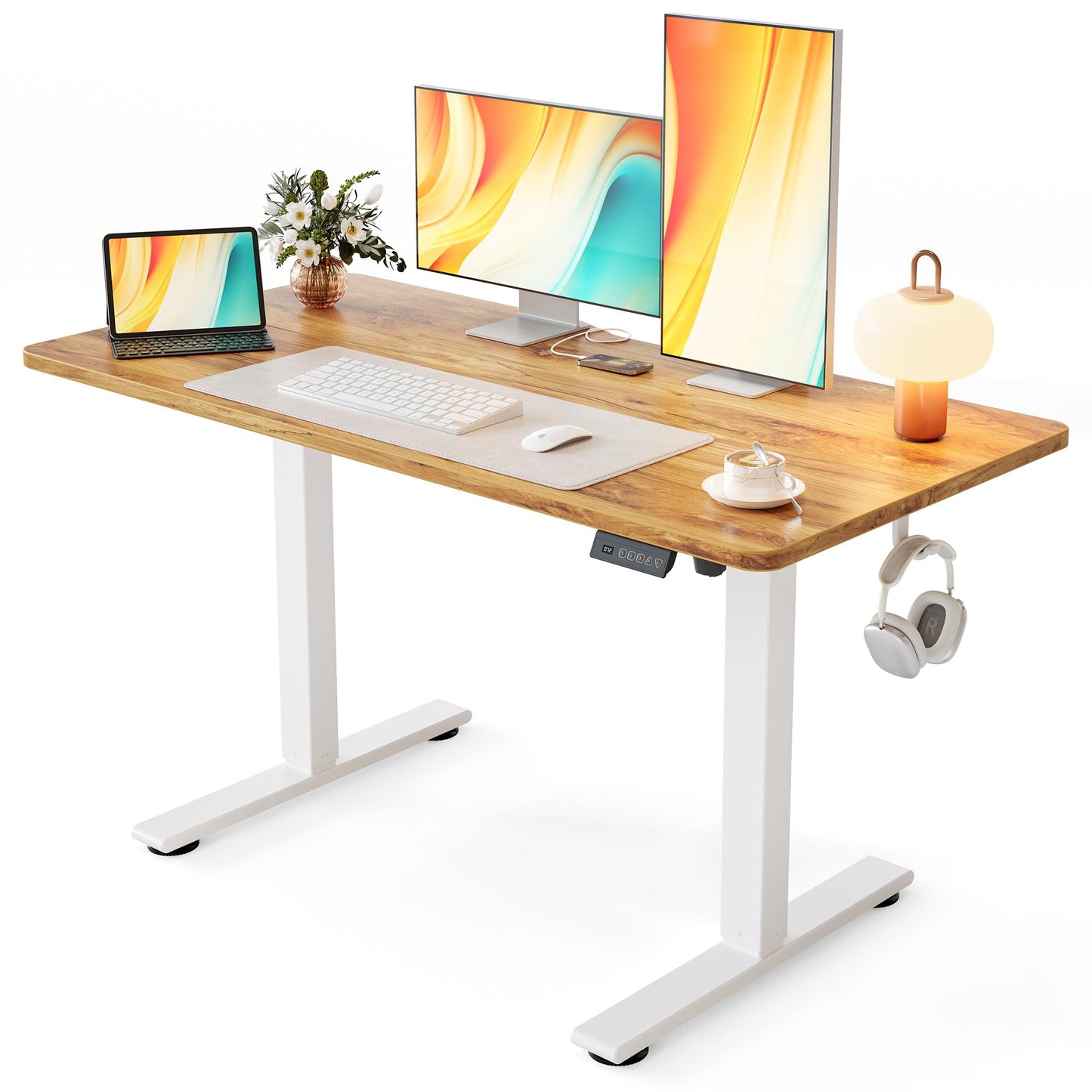 Cubiker Standing Desk, 48x24 Inches Sit Stand Home Office Desk, Electric Stand up Desk, Adjustable Desk with Splice Board, White Frame/Light Rustic Top
