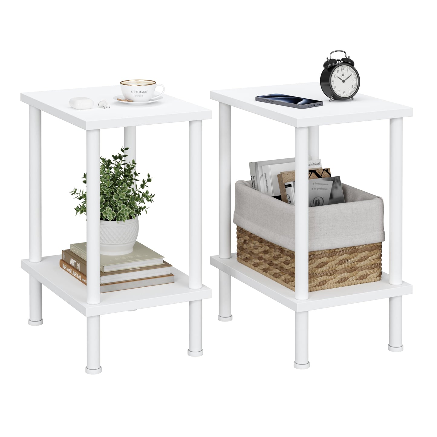 VIMBER End Table, Set of 2 Side Table with Metal Legs, Small Nightstands with 2-Tier Storage Shelves, Tiny Sofa Table for Small Space, Coach Table for Living Room Bedroom, White UTBT104W2
