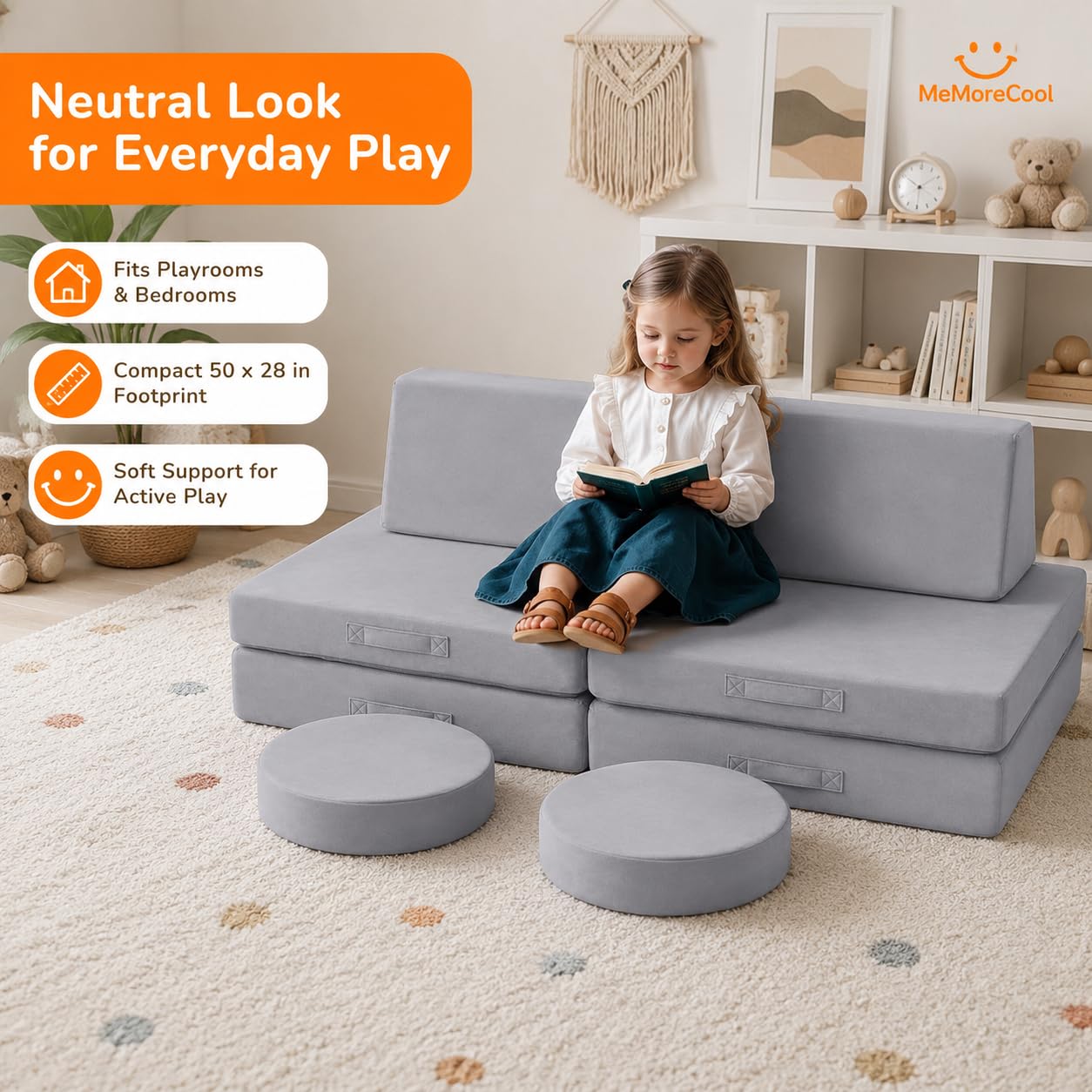 MeMoreCool Kids Couch, Light Grey Modular Foam Play Couch, Ages 3+