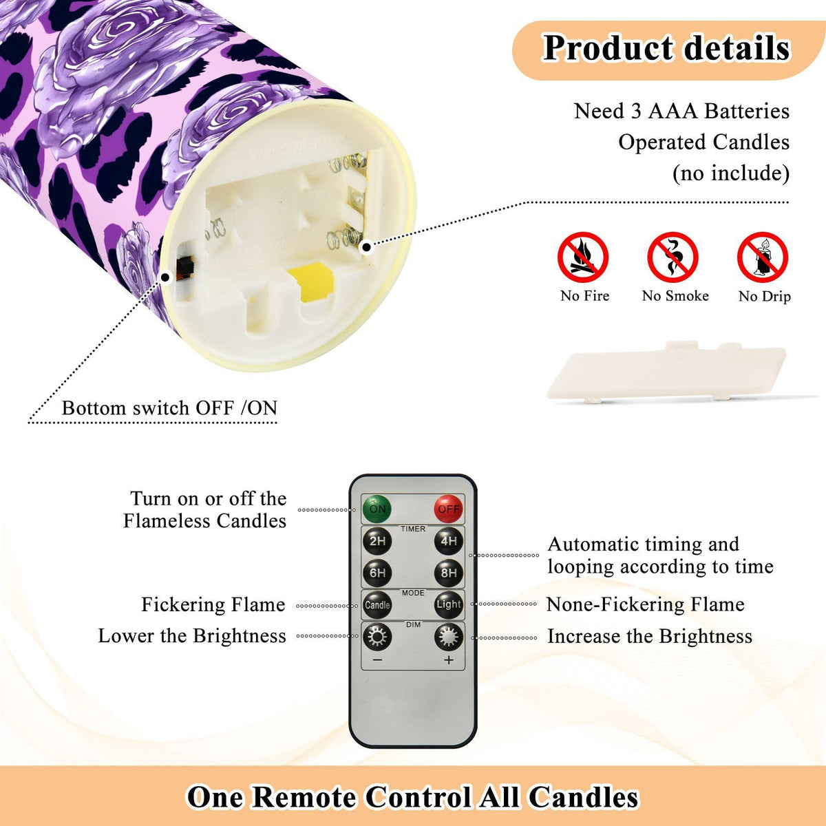 ALAZA Purple Leopard Print Rose Pattern Flickering Flameless Candles Battery Operated with Remote Timer,Tea Light Candles LED Pillar Votive Set of 2 for Outdoor Indoor Decorations 3" x5.9"