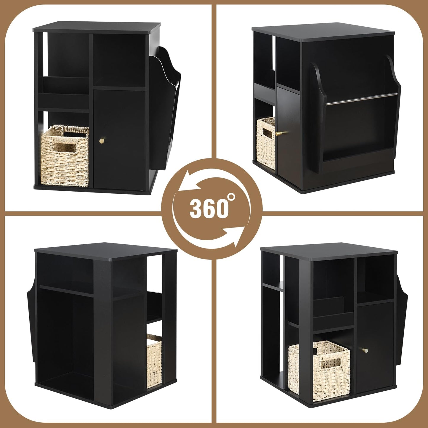 TooCust Rotating End Table with Storage, Square Rotating Side Table Living Room, Side Table with Magazine Holder, Basket and Cabinet, Swivel End Table with Multiple Storage (Black)