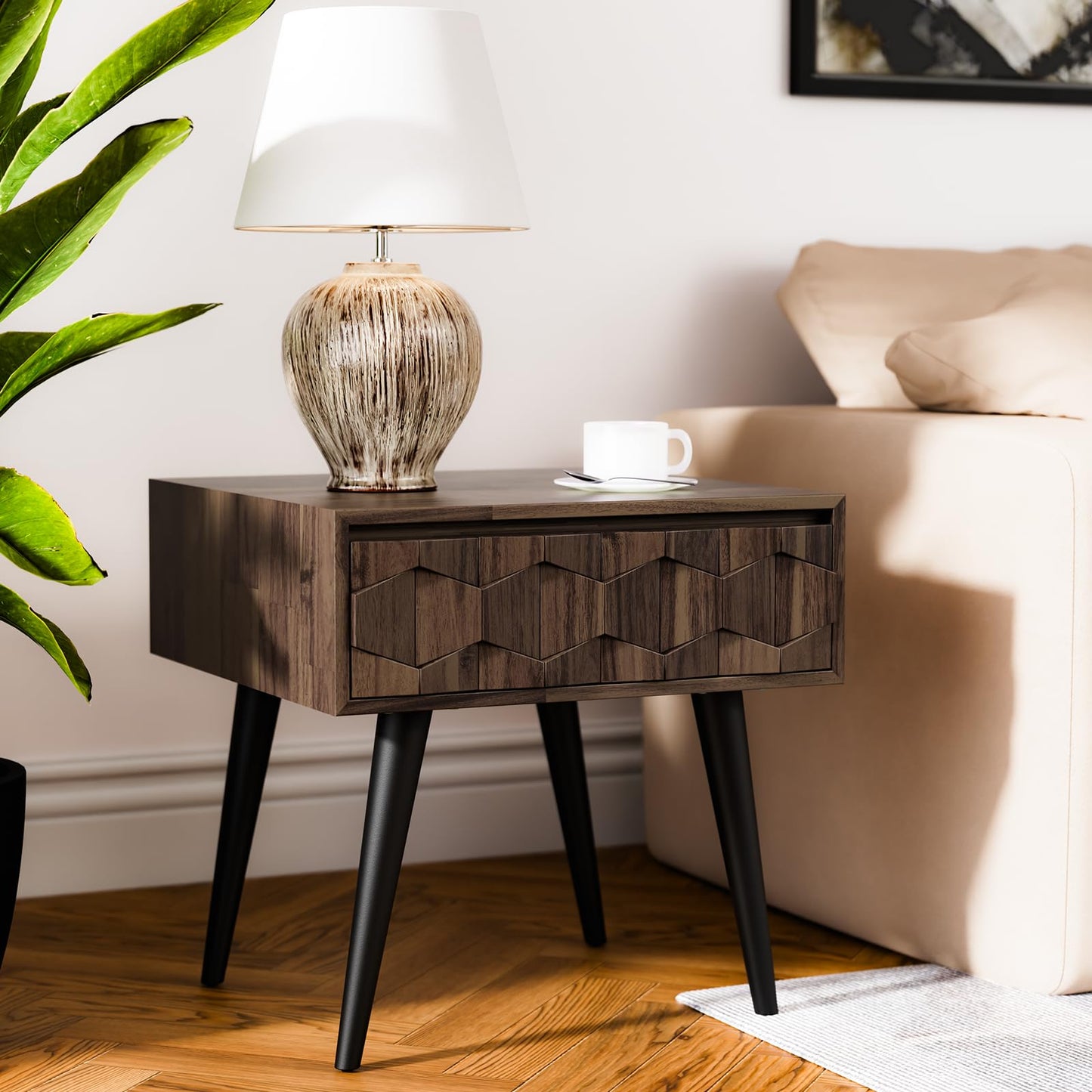 Bme Georgina Solid Wood Mid-Century Modern Side Table with Drawer – Fully Assembled Bedside Table with Rustic Geometric Pattern for Living Room or Bedroom - Mocha