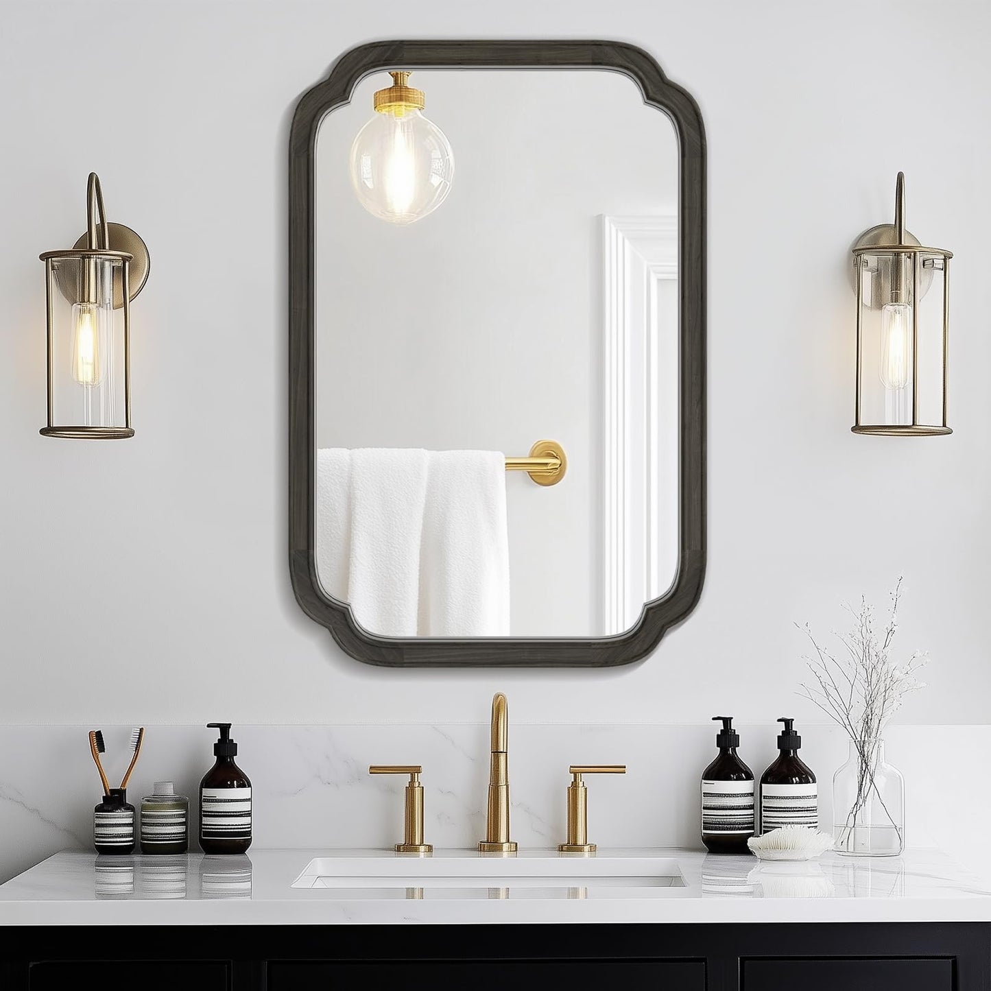 WallBeyond 20" x 30" Rounded Corner Arch Wall Mirror with Wood Frame for Entryway, Living Room or Bedroom Home Decor - Light Woodgrain [20" x 30" Black]