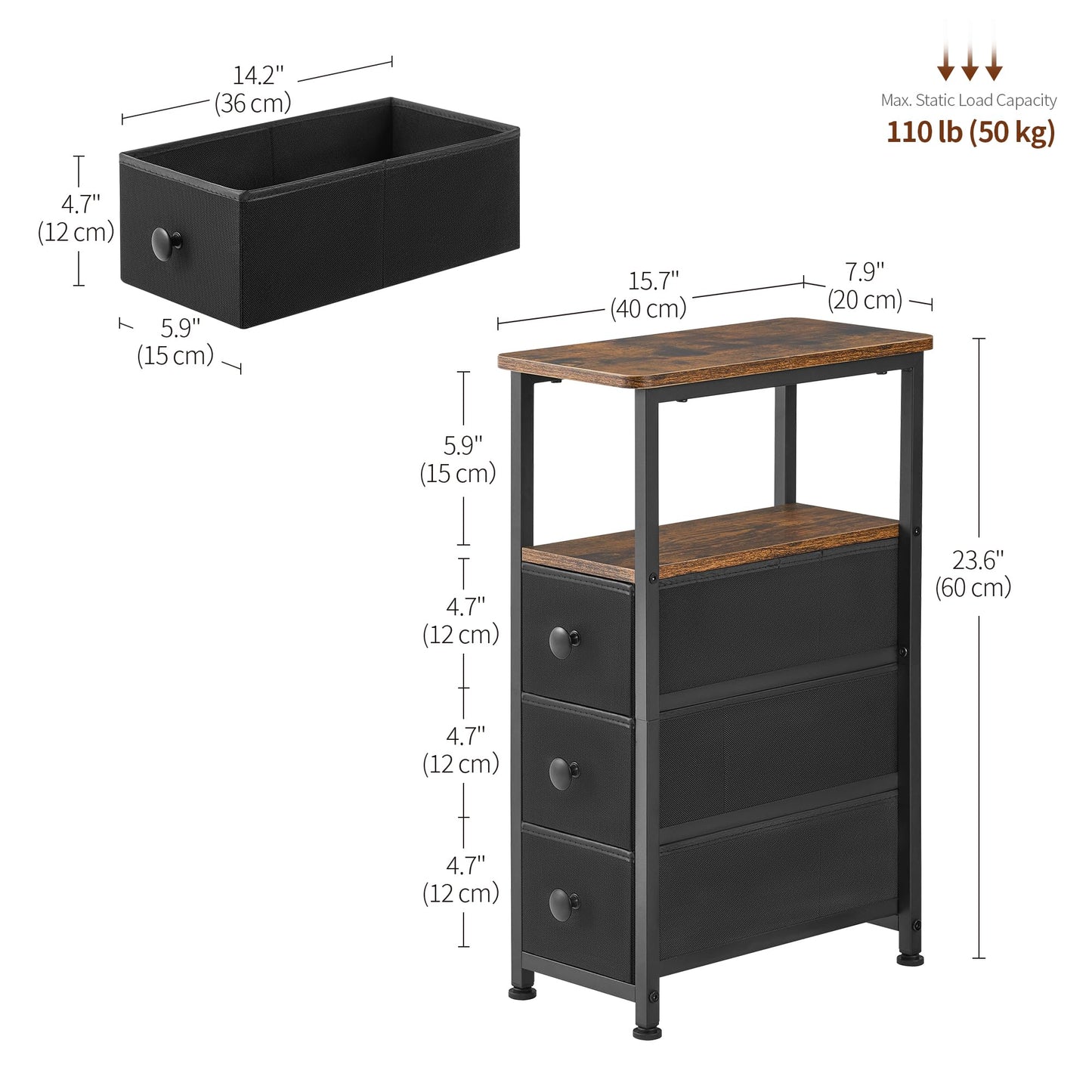 DALEMHOME End Table, Narrow Side Table with 3 Fabric Drawers, Slim Nightstand, Small Bedside Table with Storage, Living Room, Bedroom, Rustic Brown HKET1300BR