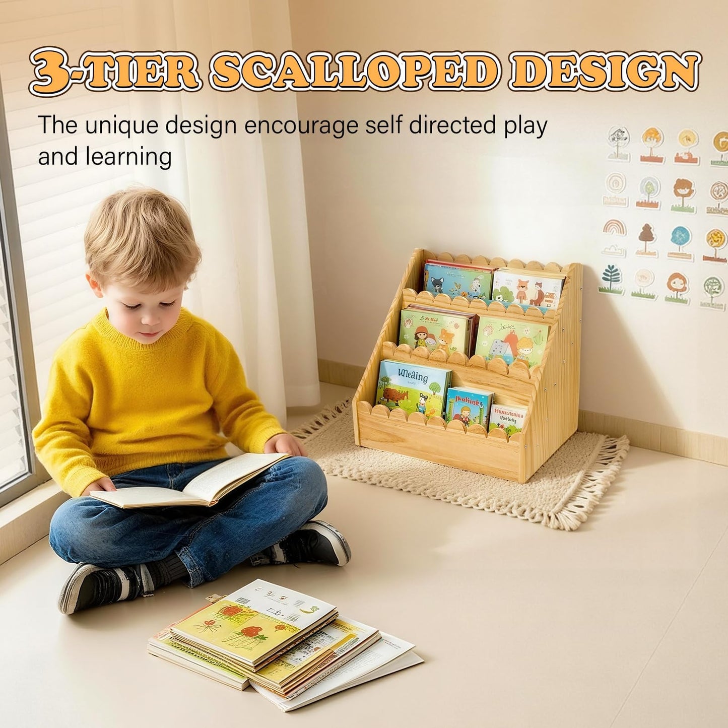 LILXIU 3-Tier Scalloped Bookshelf, Montessori Bookcase for Toddlers, Wooden Book Shelf for Kids Rooms, Playroom Nursery Classroom Organizer and Display Furniture
