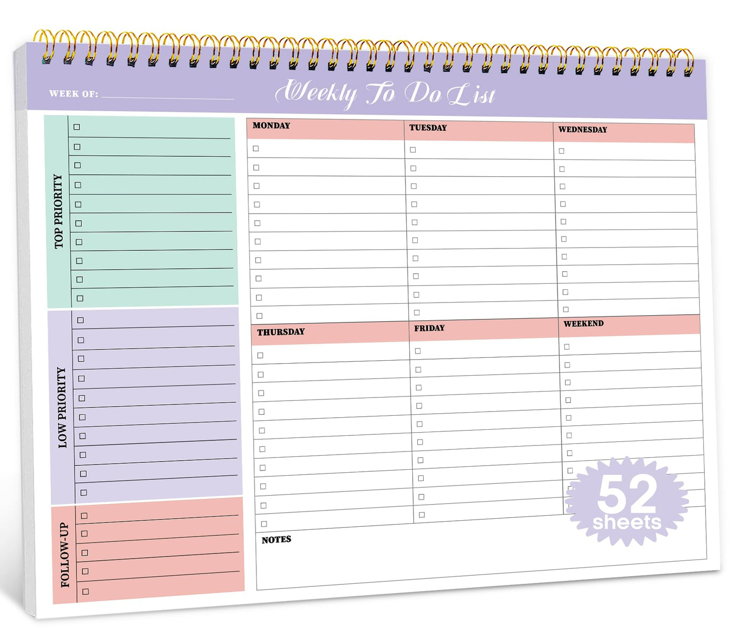 Taja Weekly To Do List Notepad with 52 Undated Sheets（8.5"×11"）- Weekly Desk Planner for Women & Man, Work and Home -1 Pack Violet Dream
